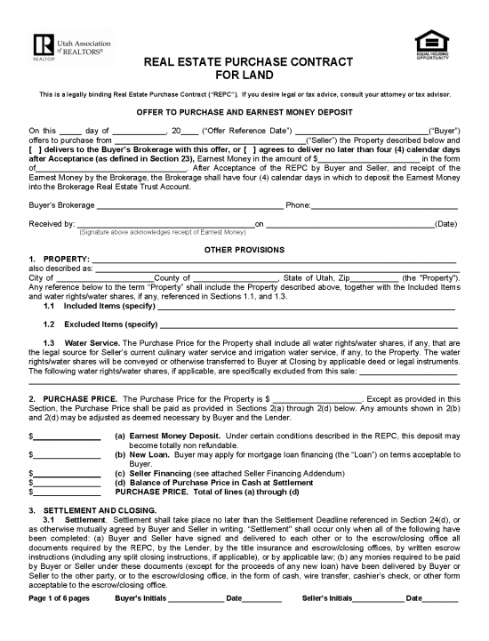 Free Utah Land Contract Template - Pdf 