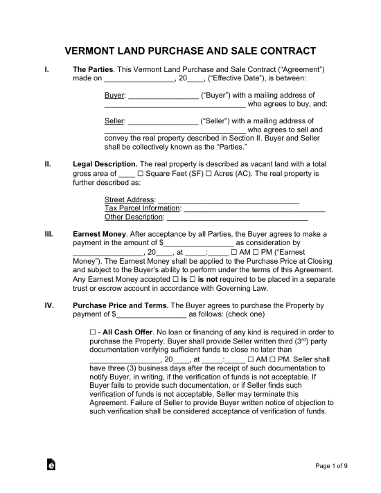 Vermont Land Contract Template