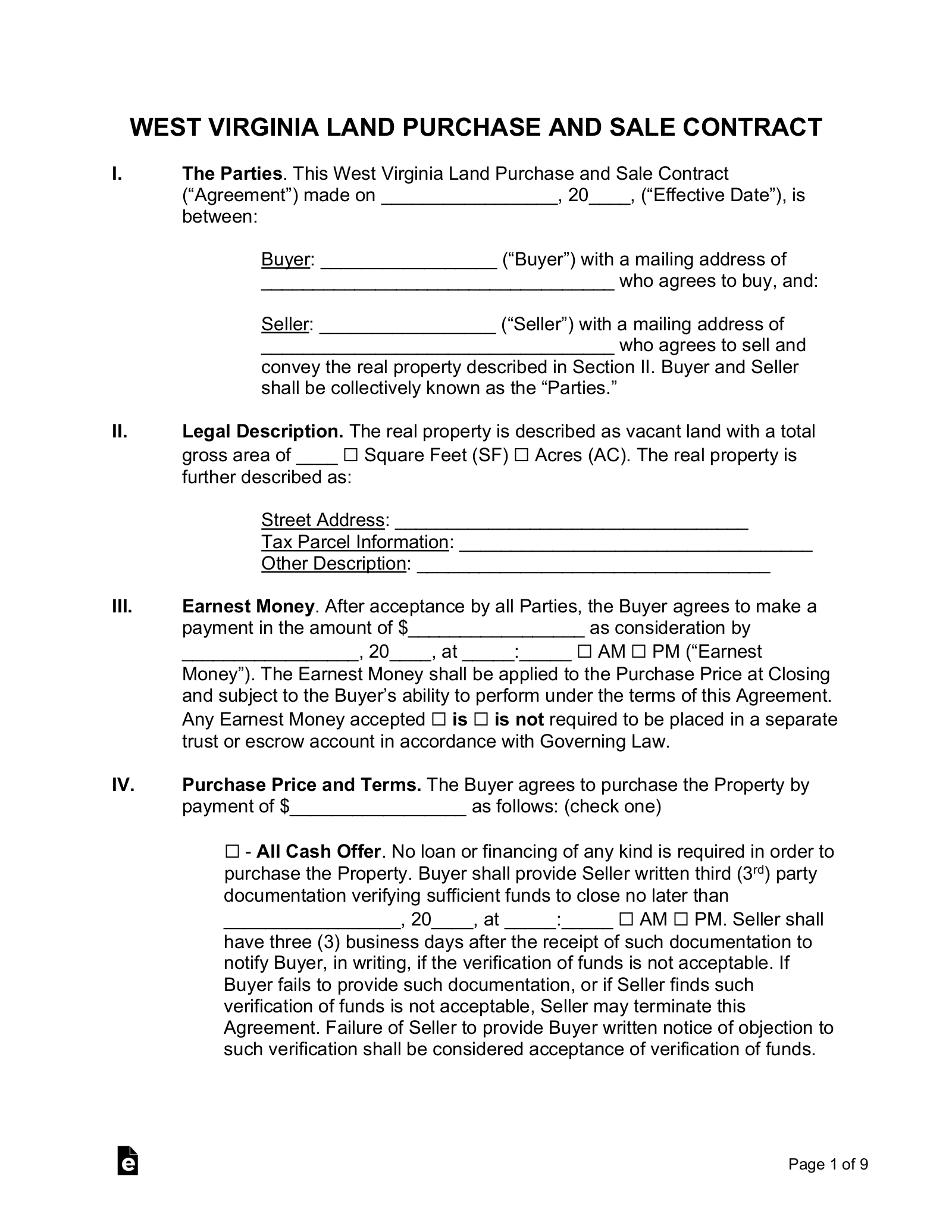 West Virginia Land Contract Template