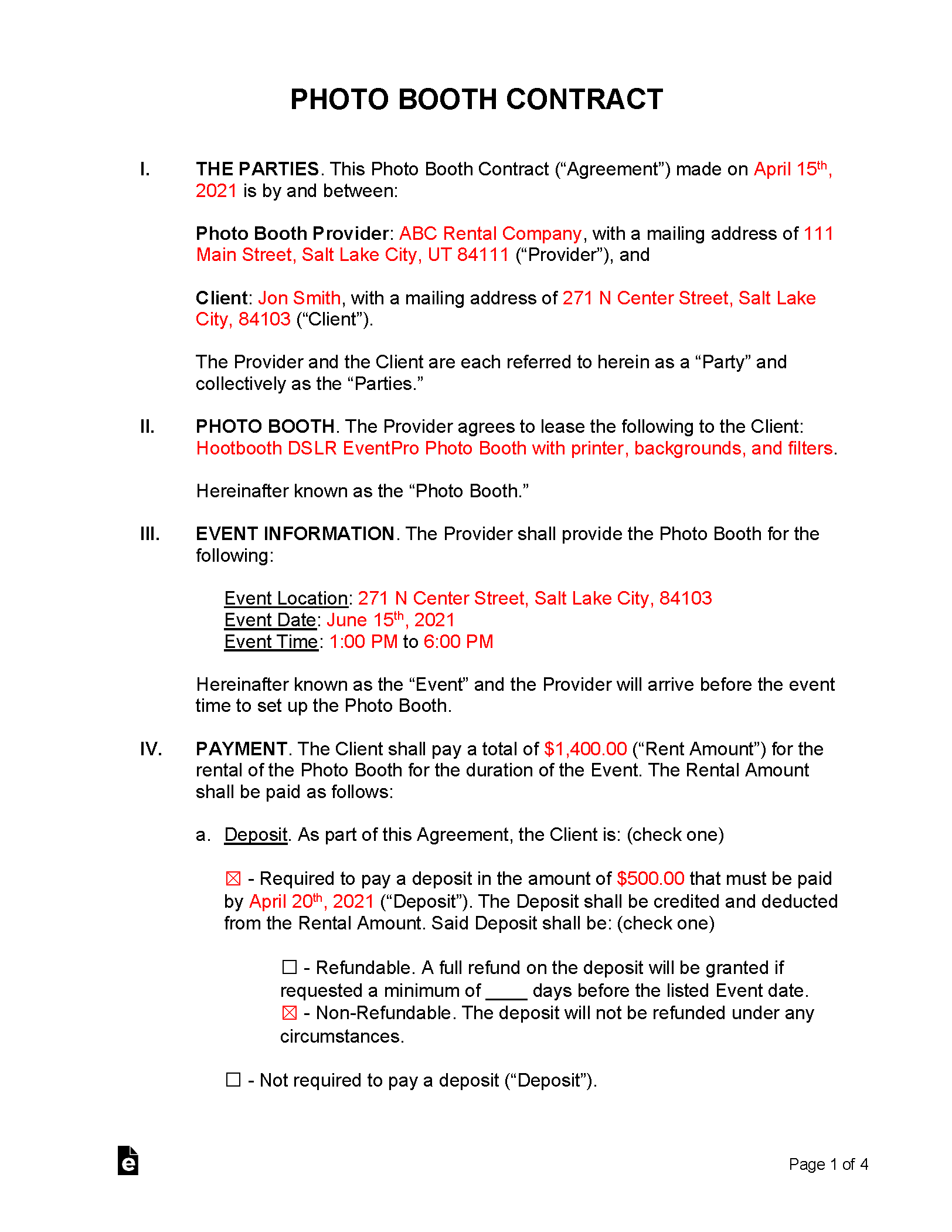 Free Photo Booth Contract Sample PDF Word EForms