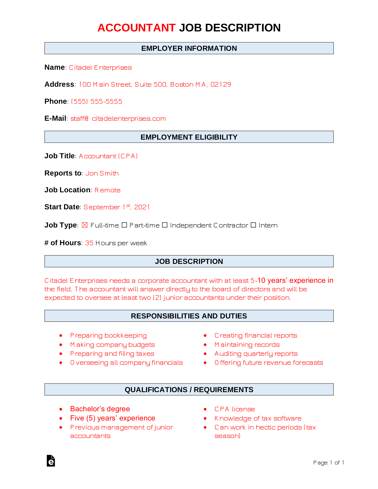 Accountant Job Description Template | Sample
