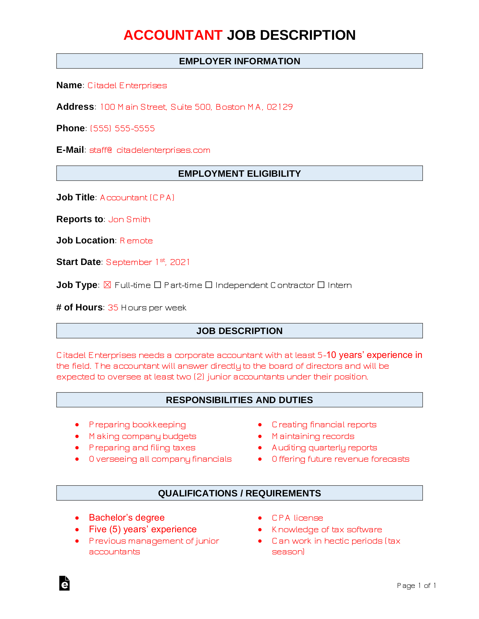 Free Accountant Job Description Template Sample PDF Word EForms