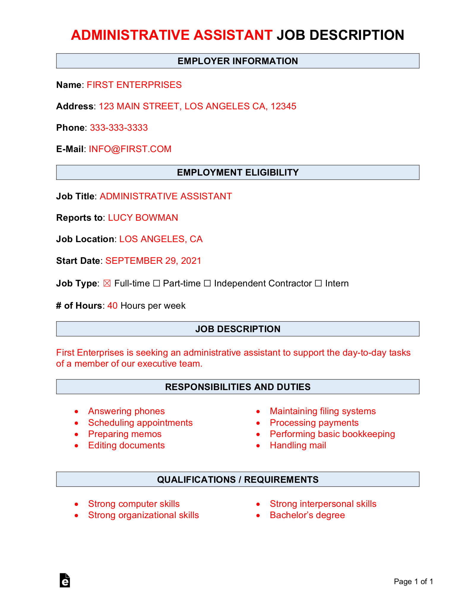 Free Administrative Assistant Job Description Template Sample PDF 