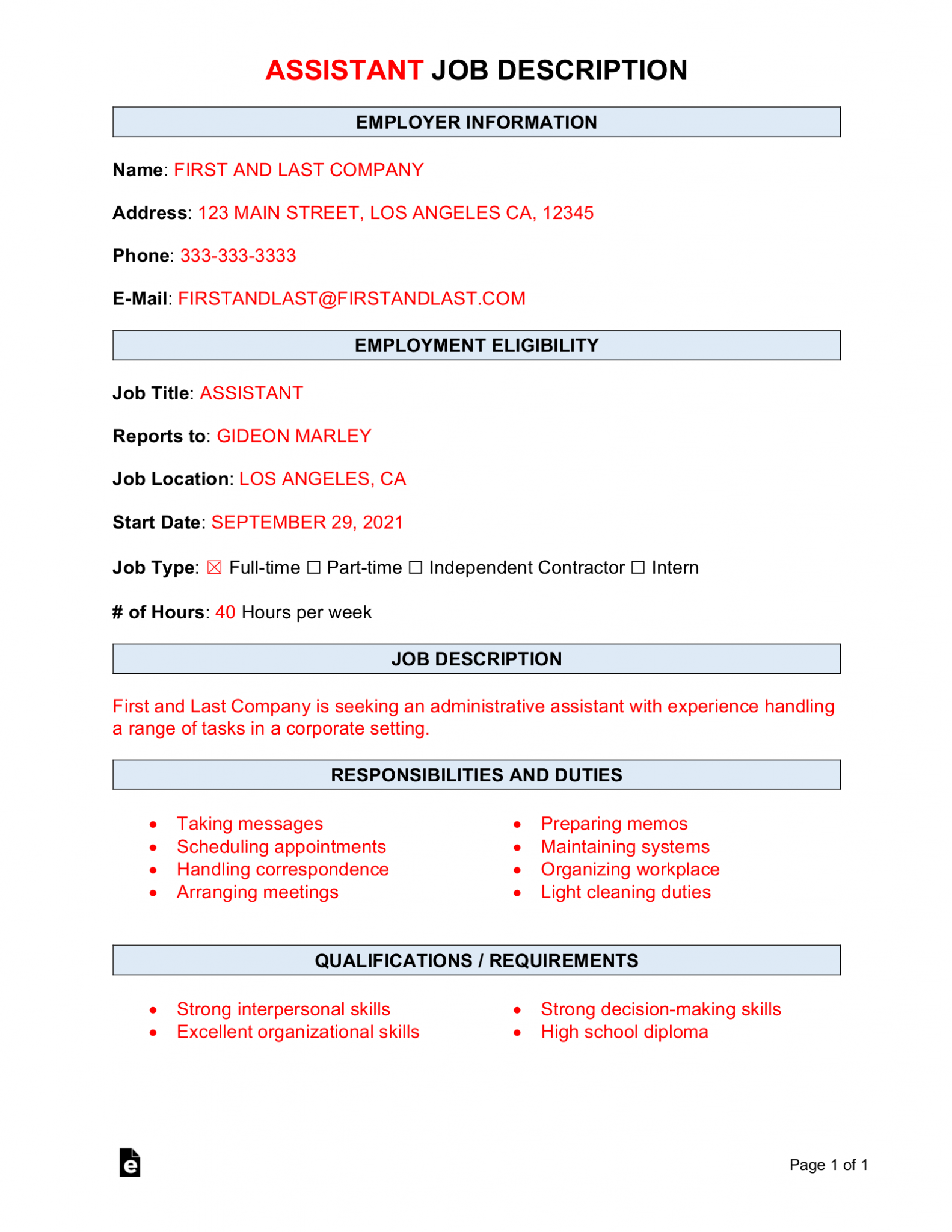 Free Assistant Job Description Template Sample PDF Word EForms   Assistant 1583x2048 