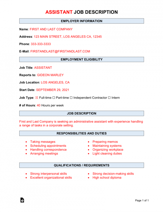 Assistant Job Description Template | Sample