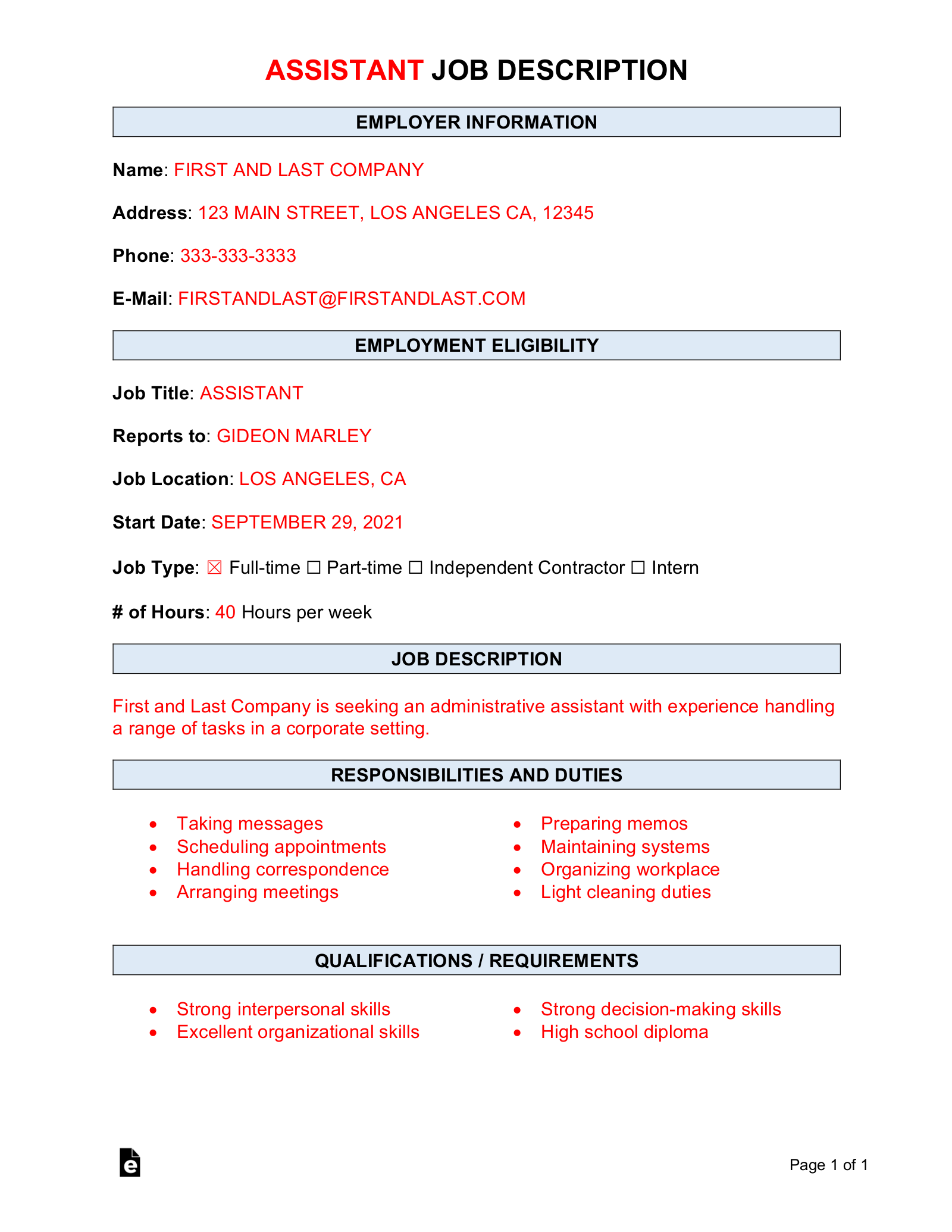 job description template samples pdf