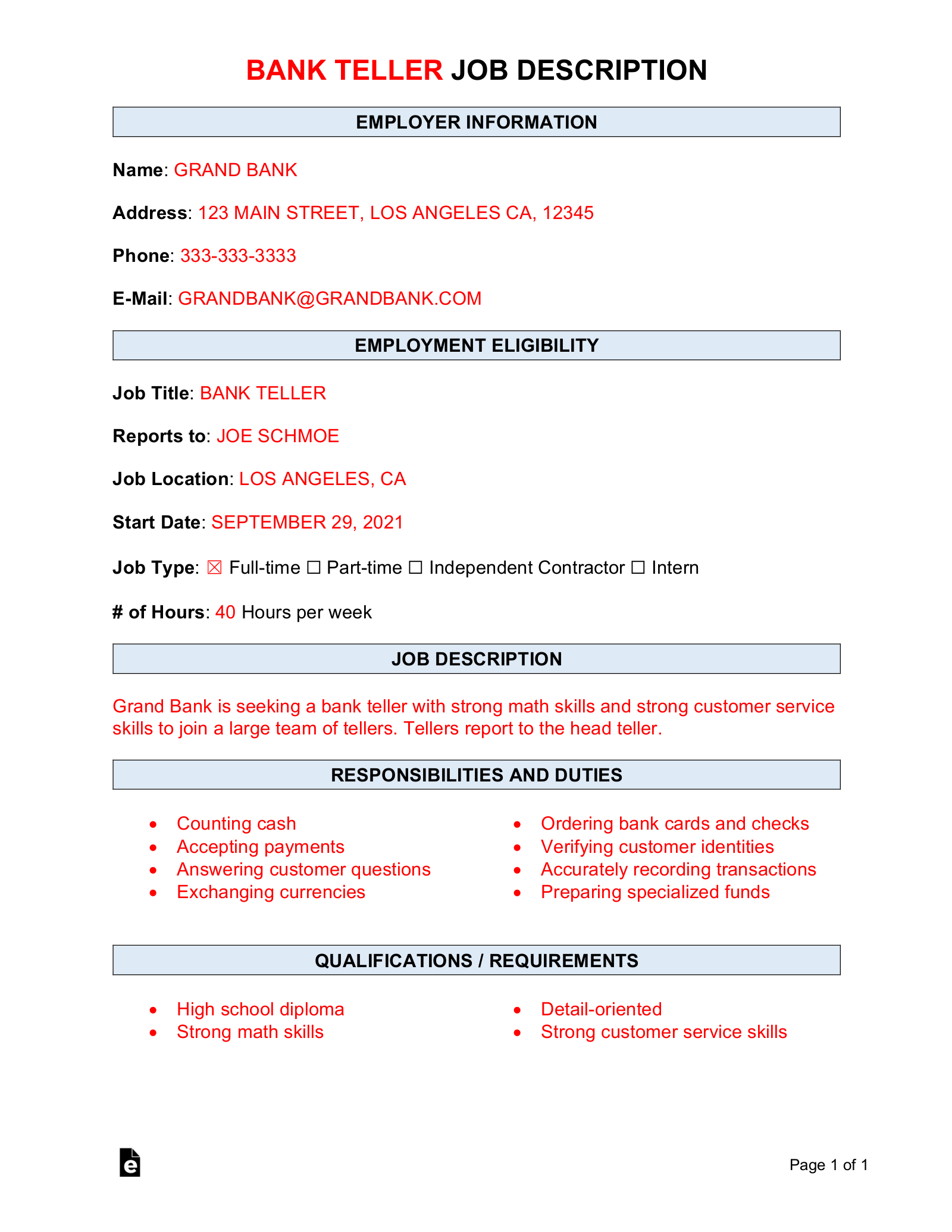 Free Bank Teller Job Description Template Sample PDF Word eForms