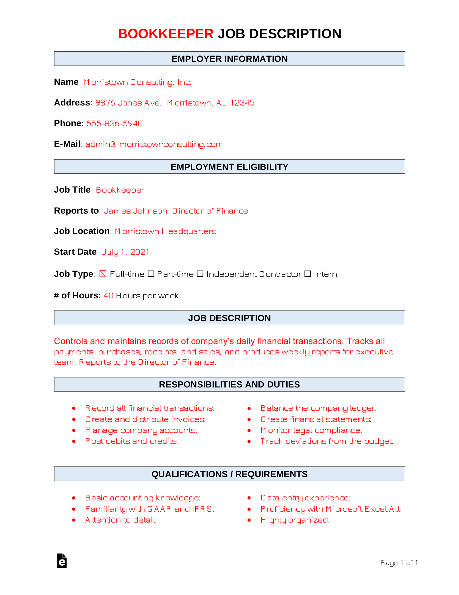 Free Bookkeeper Job Description Template Sample PDF Word eForms