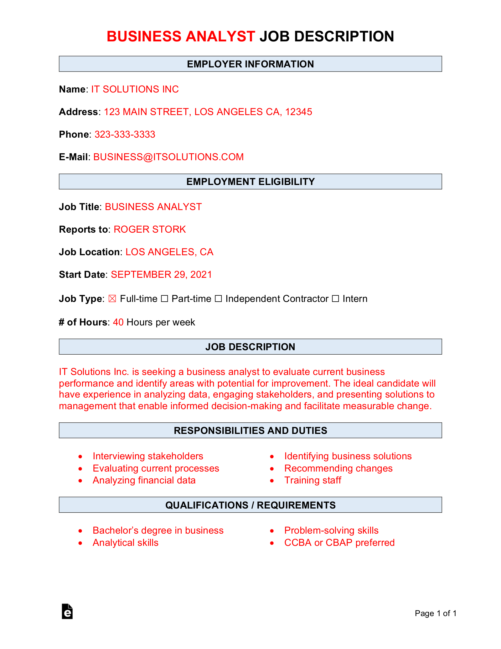 Business Analyst Job Description Template | Sample