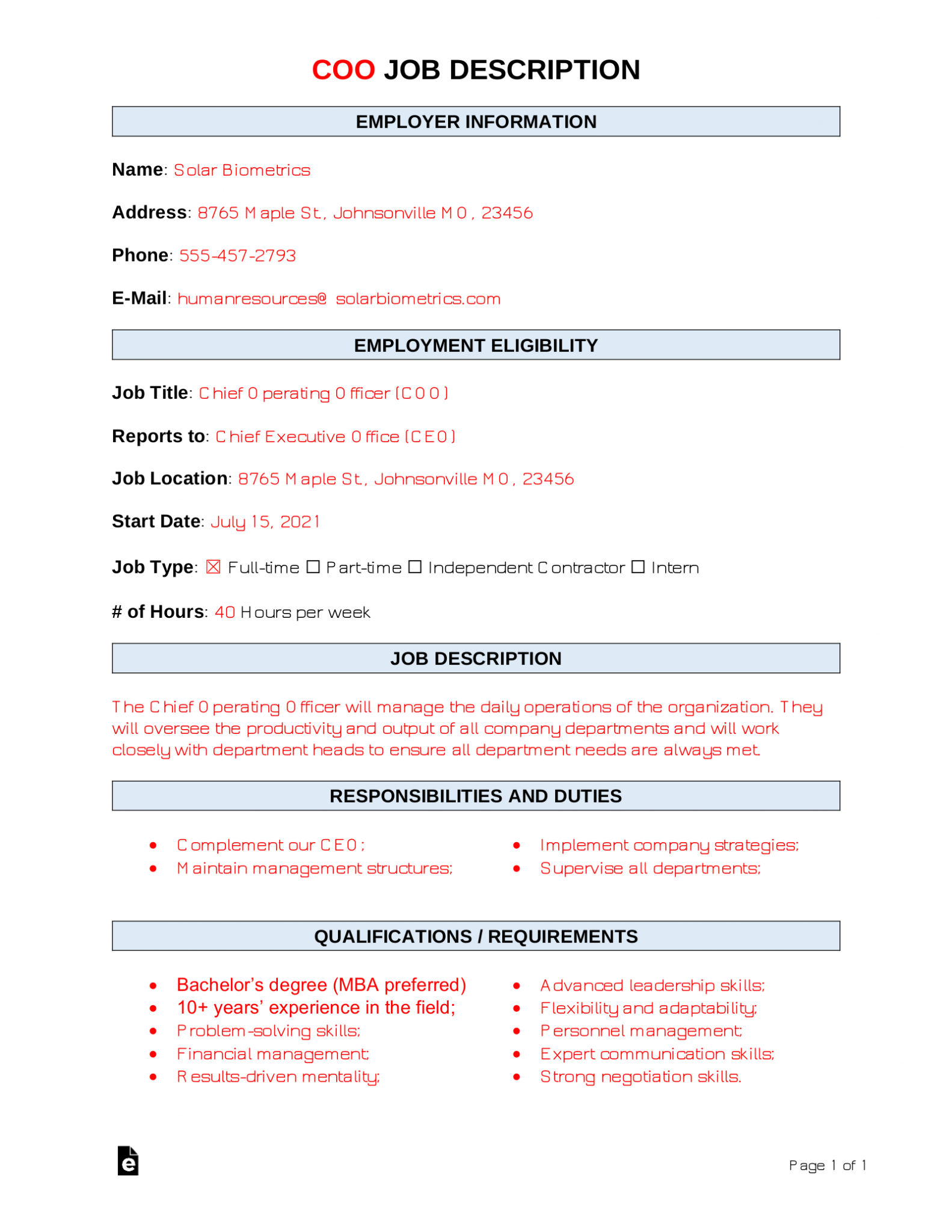 Free Chief Operating Officer COO Job Description Template Sample 