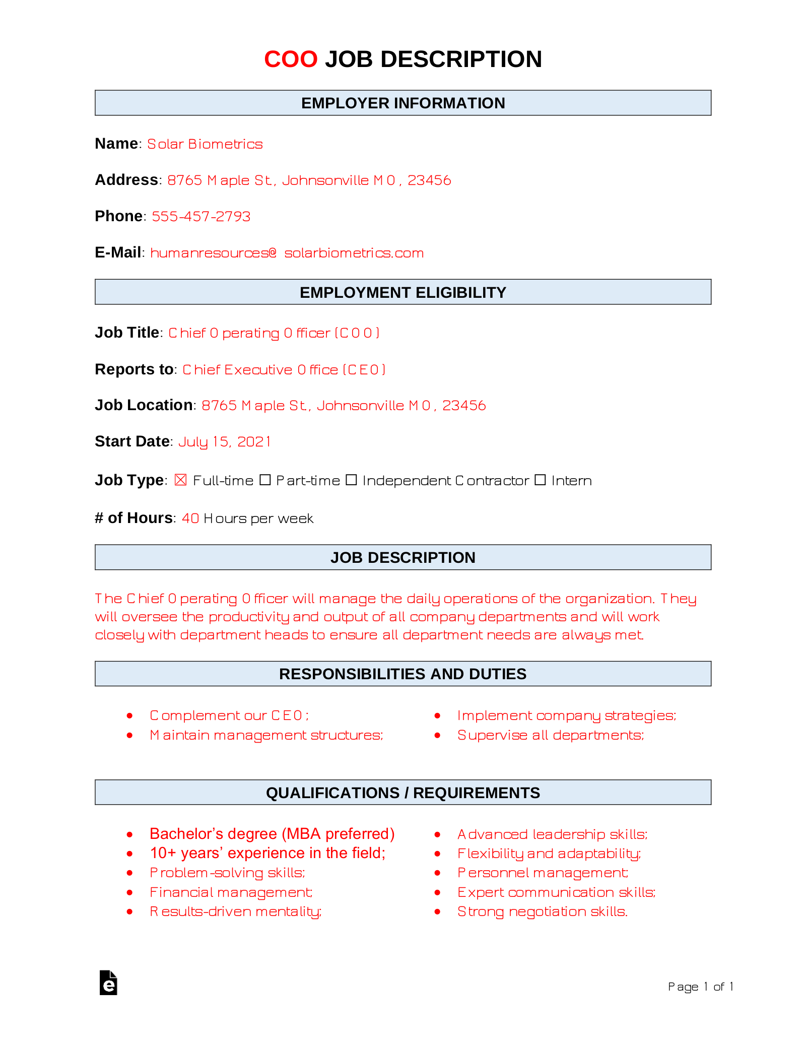 Chief Operating Officer (COO) Job Description Template | Sample