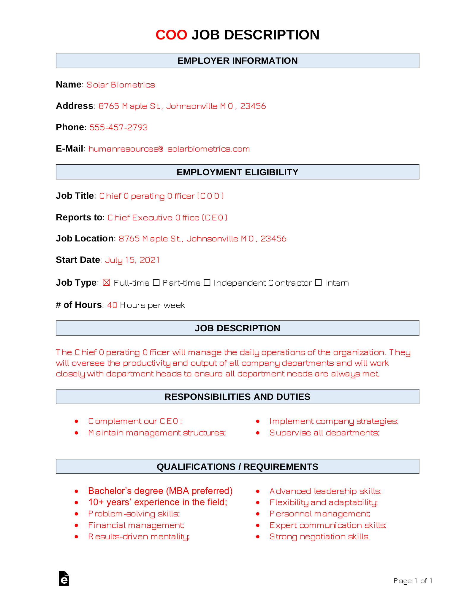 Free Chief Operating Officer (COO) Job Description Template Sample