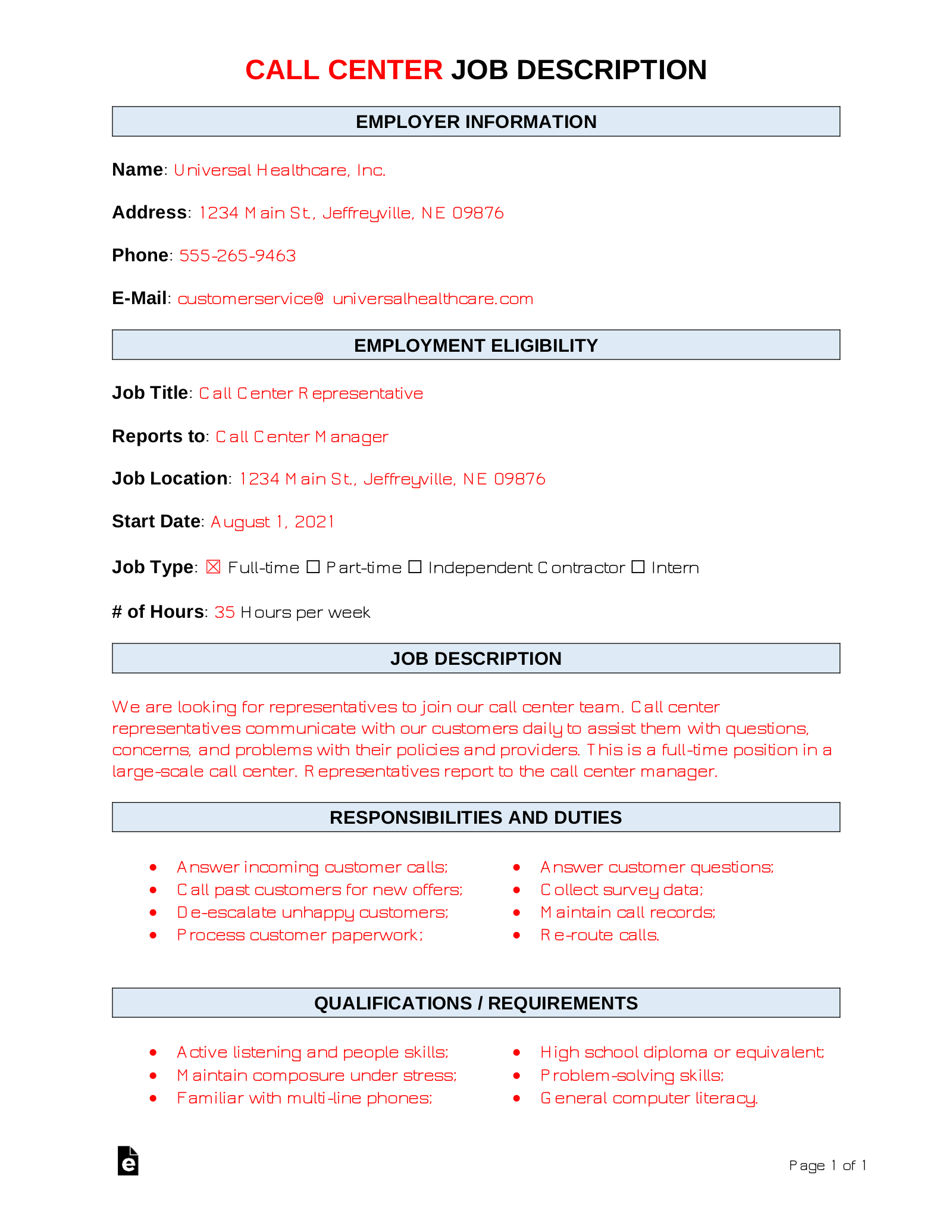 Call Center Job Description Template | Sample