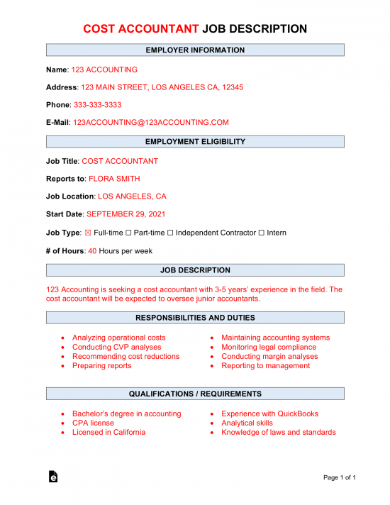 Cost Accountant Job Description Template | Sample
