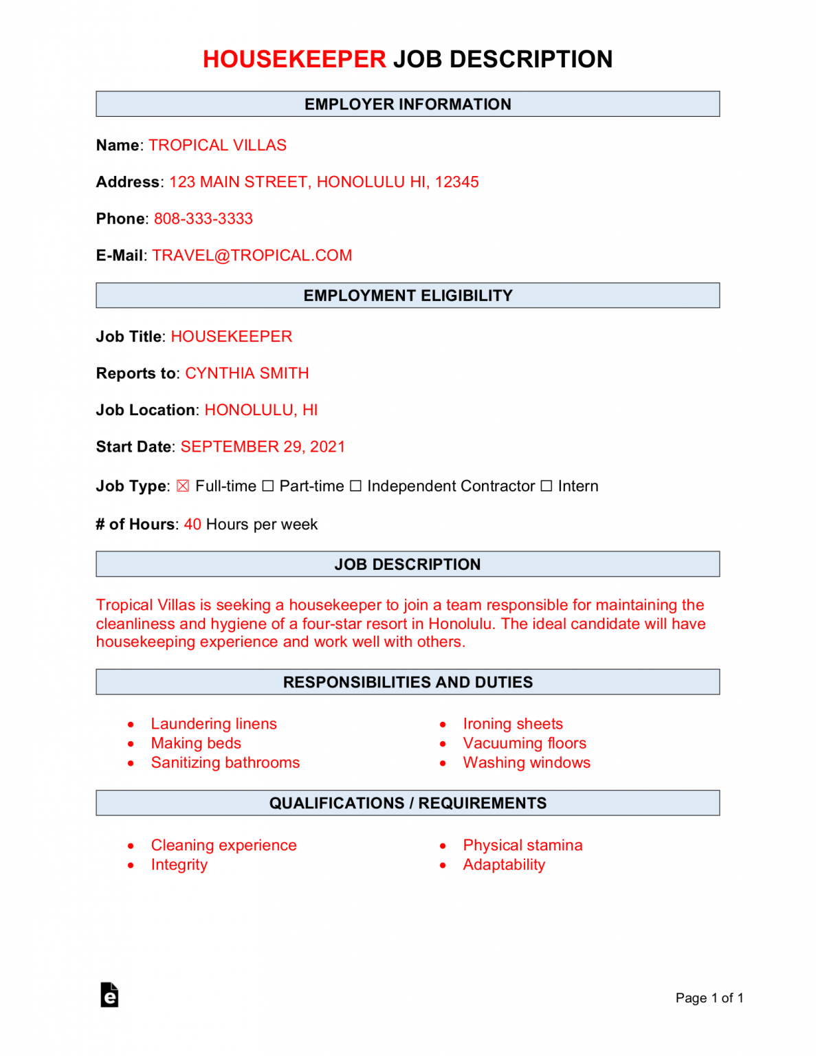 Free Housekeeper Job Description Template Sample PDF Word EForms