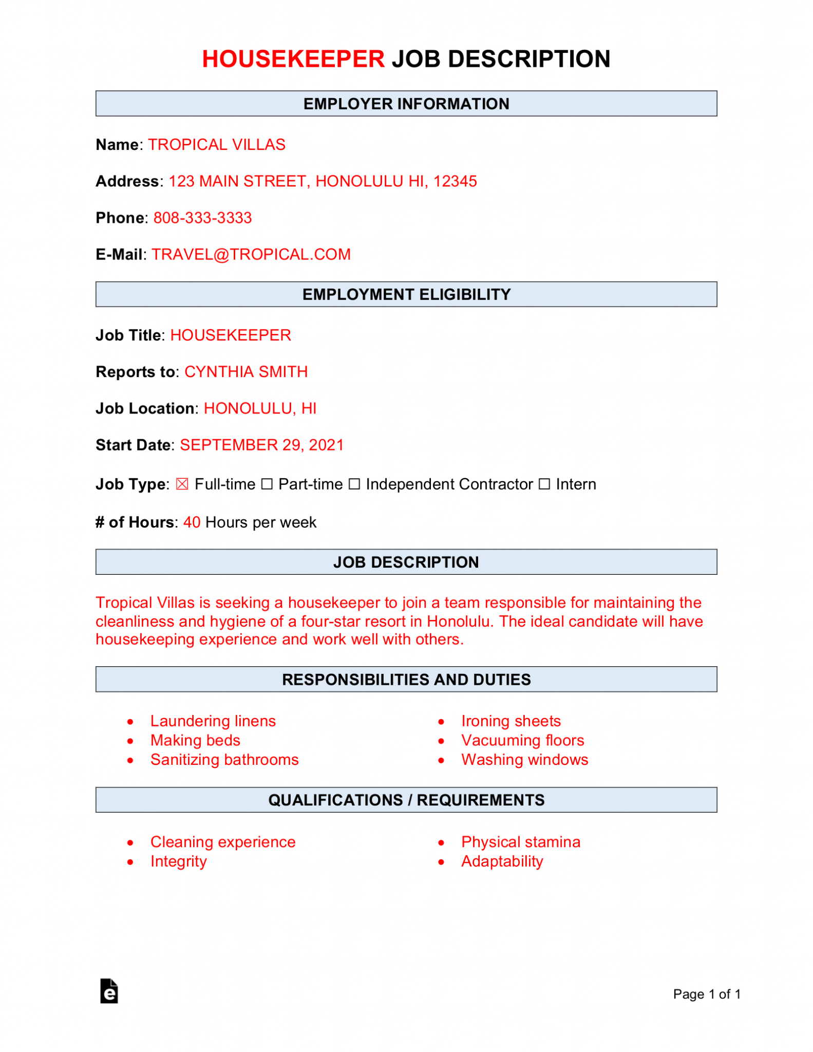 Free Housekeeper Job Description Template | Sample - PDF | Word – eForms