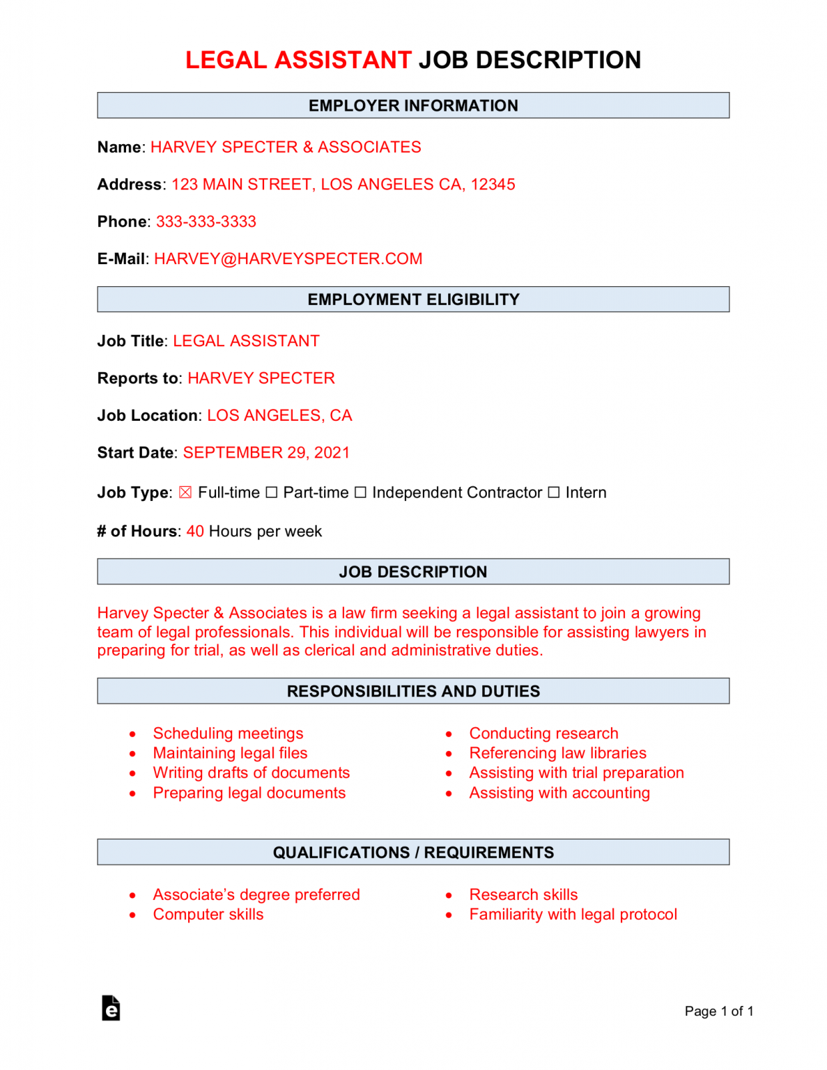 Free Legal Assistant Job Description Template | Sample - PDF | Word ...