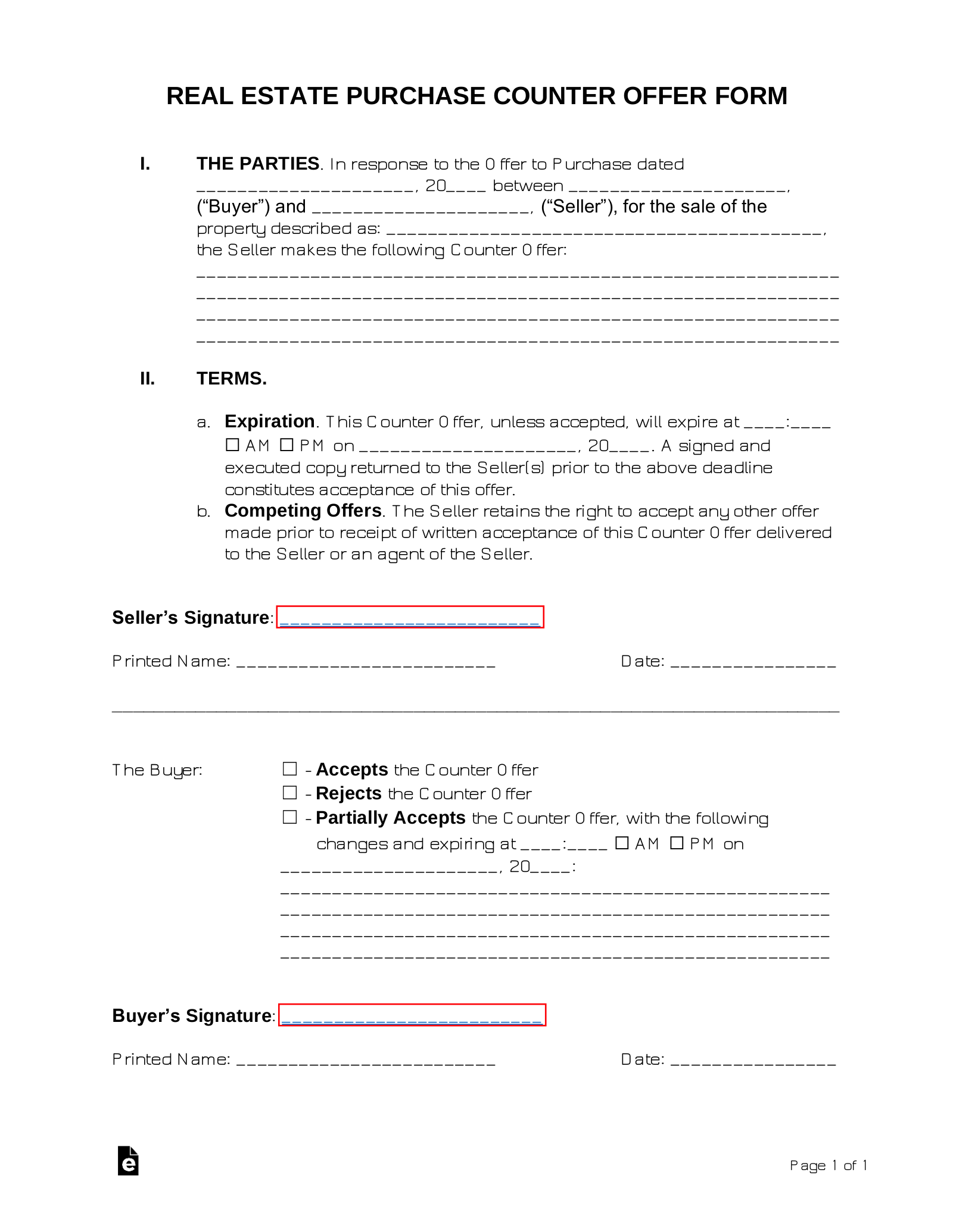 Free Real Estate Purchase Counter Offer Form PDF Word EForms