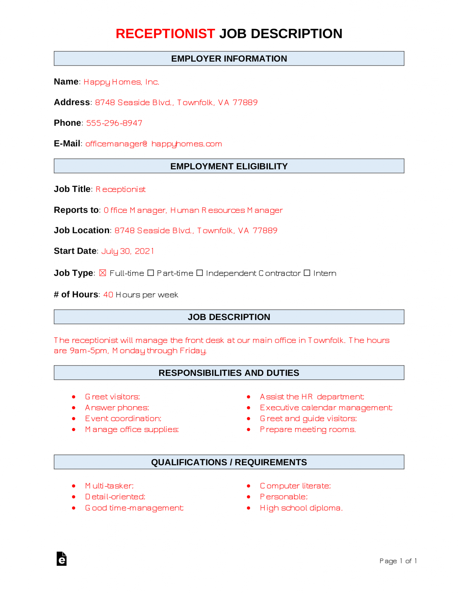 Free Receptionist Job Description Template Sample PDF Word eForms