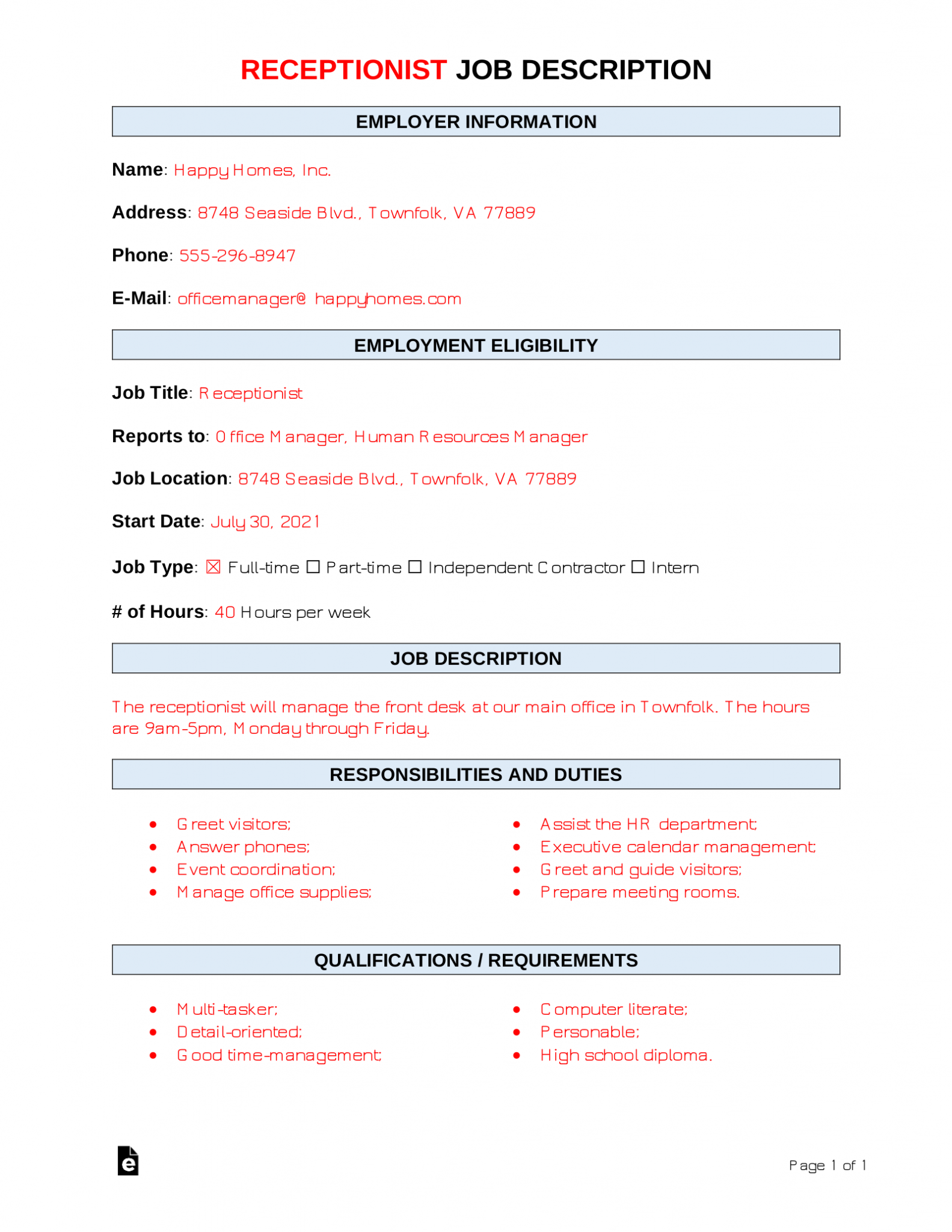 Free Receptionist Job Description Template Sample PDF Word EForms