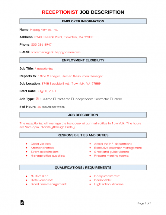 Free Receptionist Job Description Template Sample PDF Word eForms