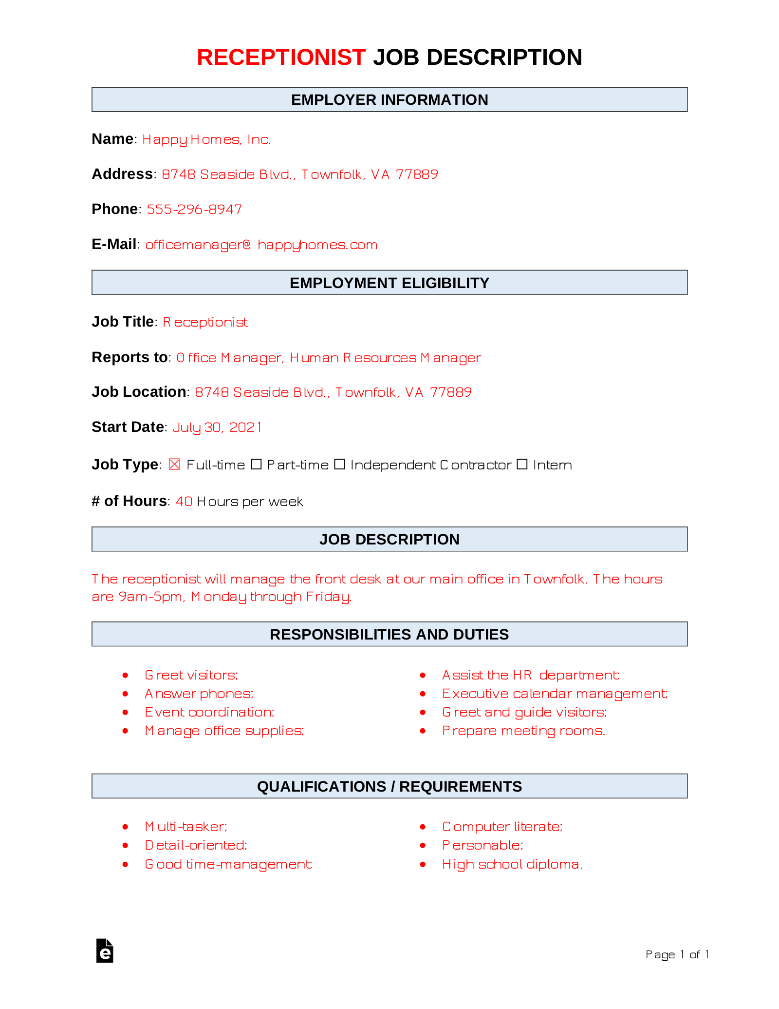 Free Receptionist Job Description Template, Sample - PDF