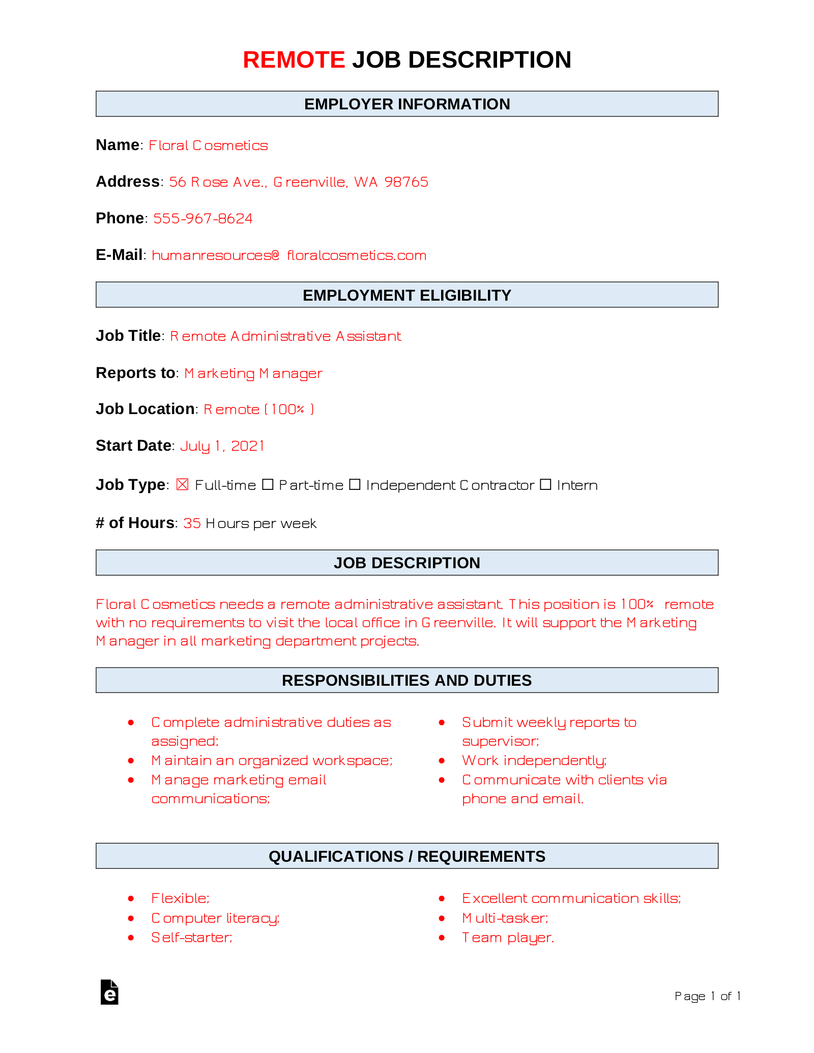 Free Remote Job Description Template | Sample - PDF | Word – eForms