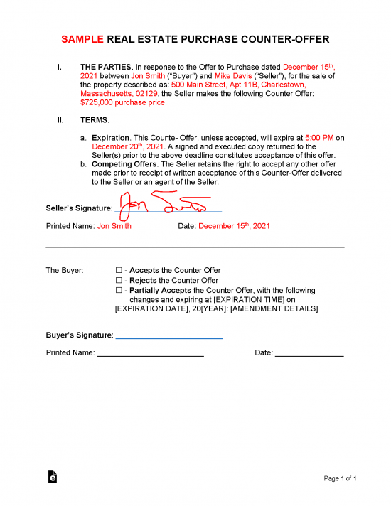 Free Real Estate Purchase Counter Offer Form PDF Word EForms