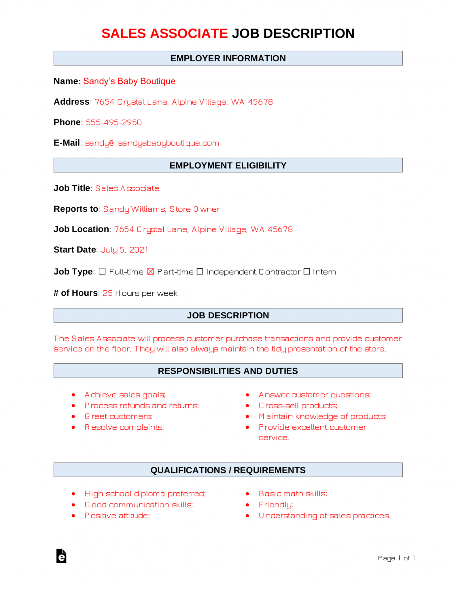 Free Sales Associate Job Description Template Sample Pdf Word Eforms 4820