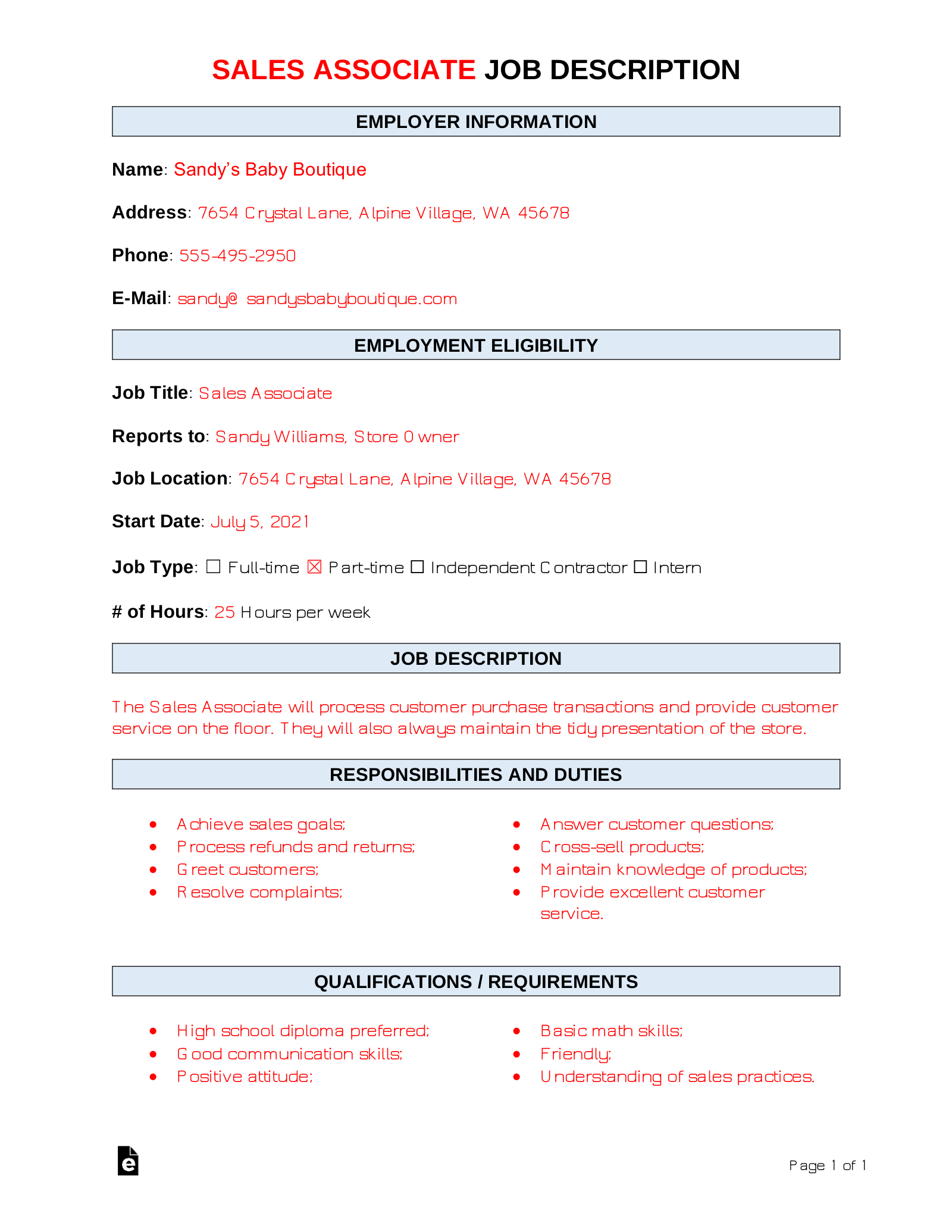 Sales Manager Position Description Examples