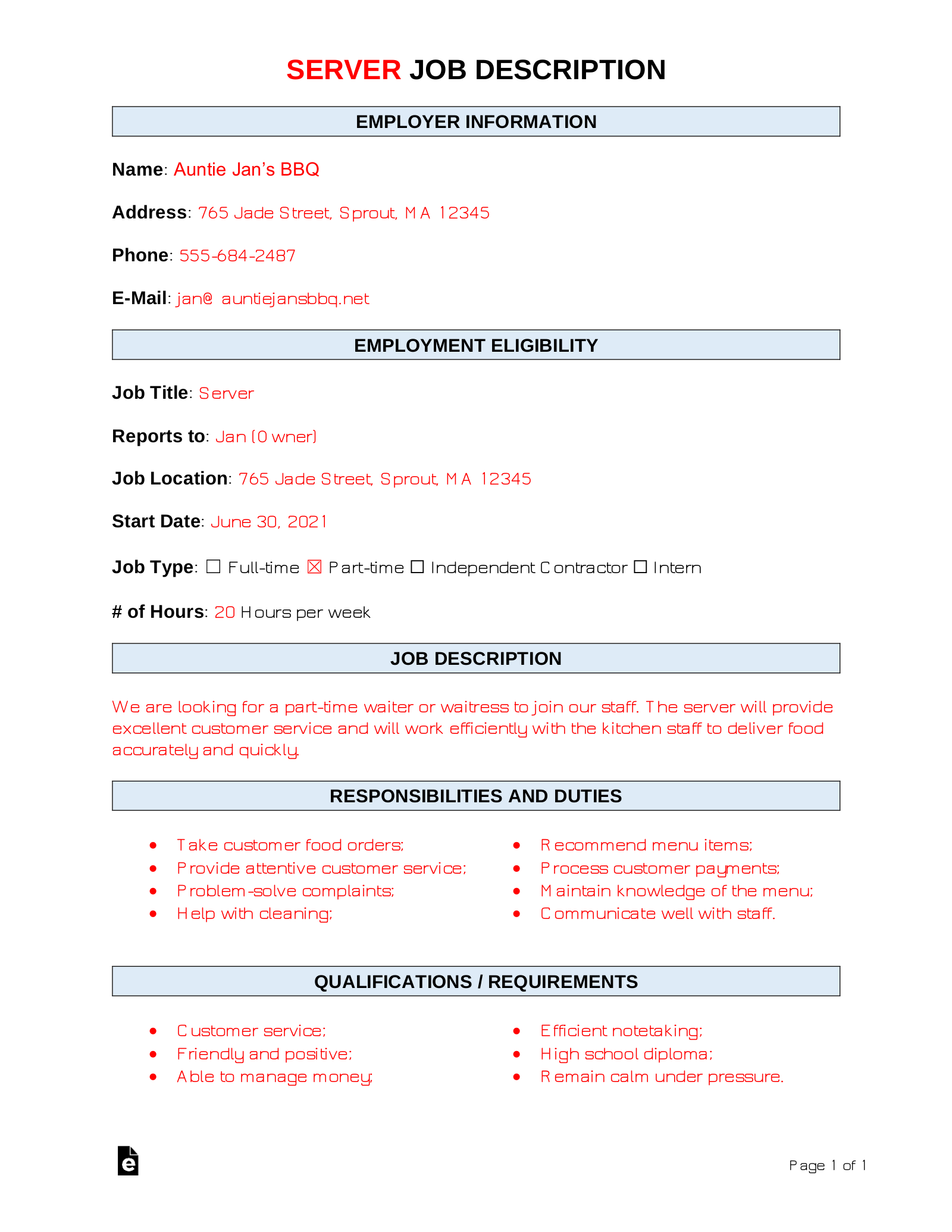 Server Job Description Template | Sample