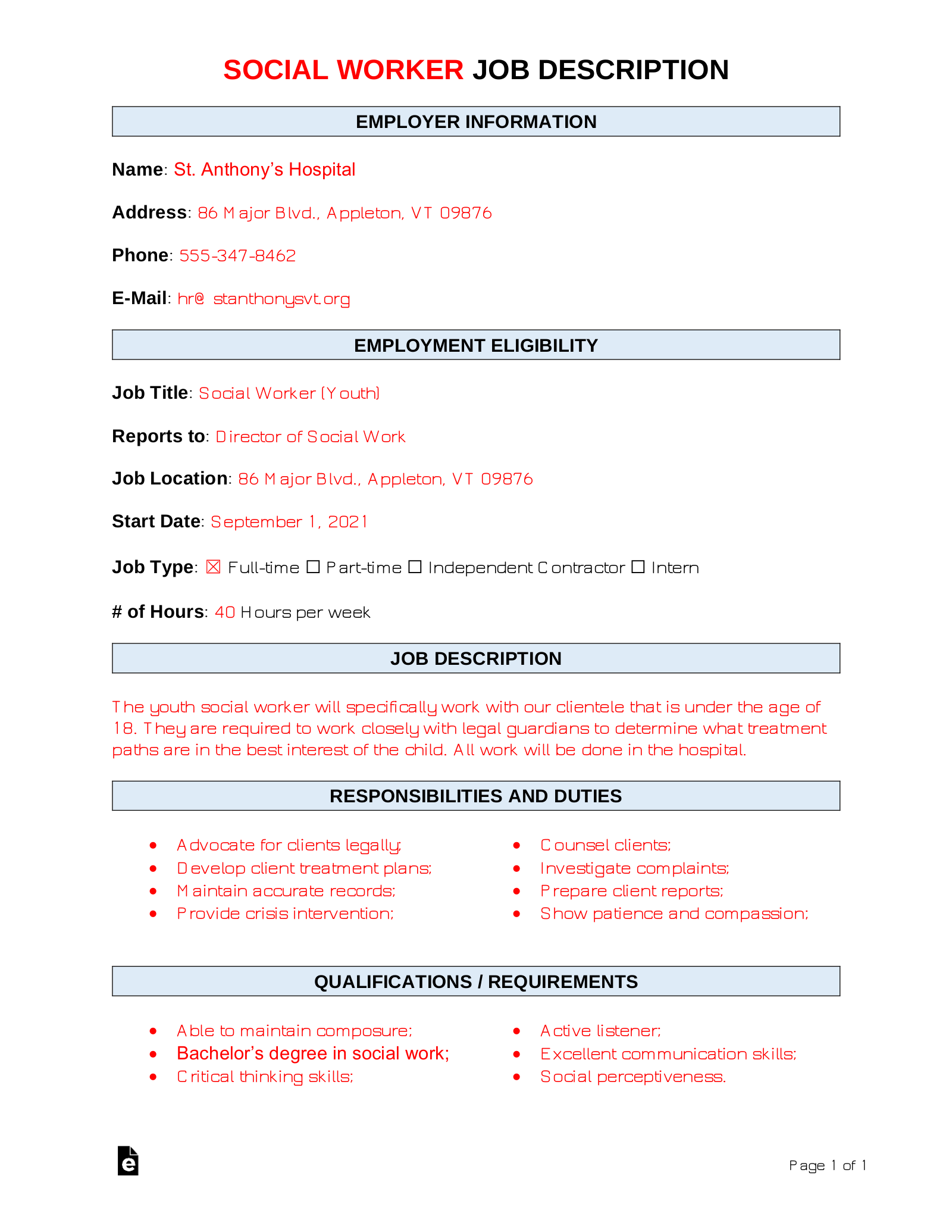 Free Social Worker Job Description Template Sample Word Pdf Eforms