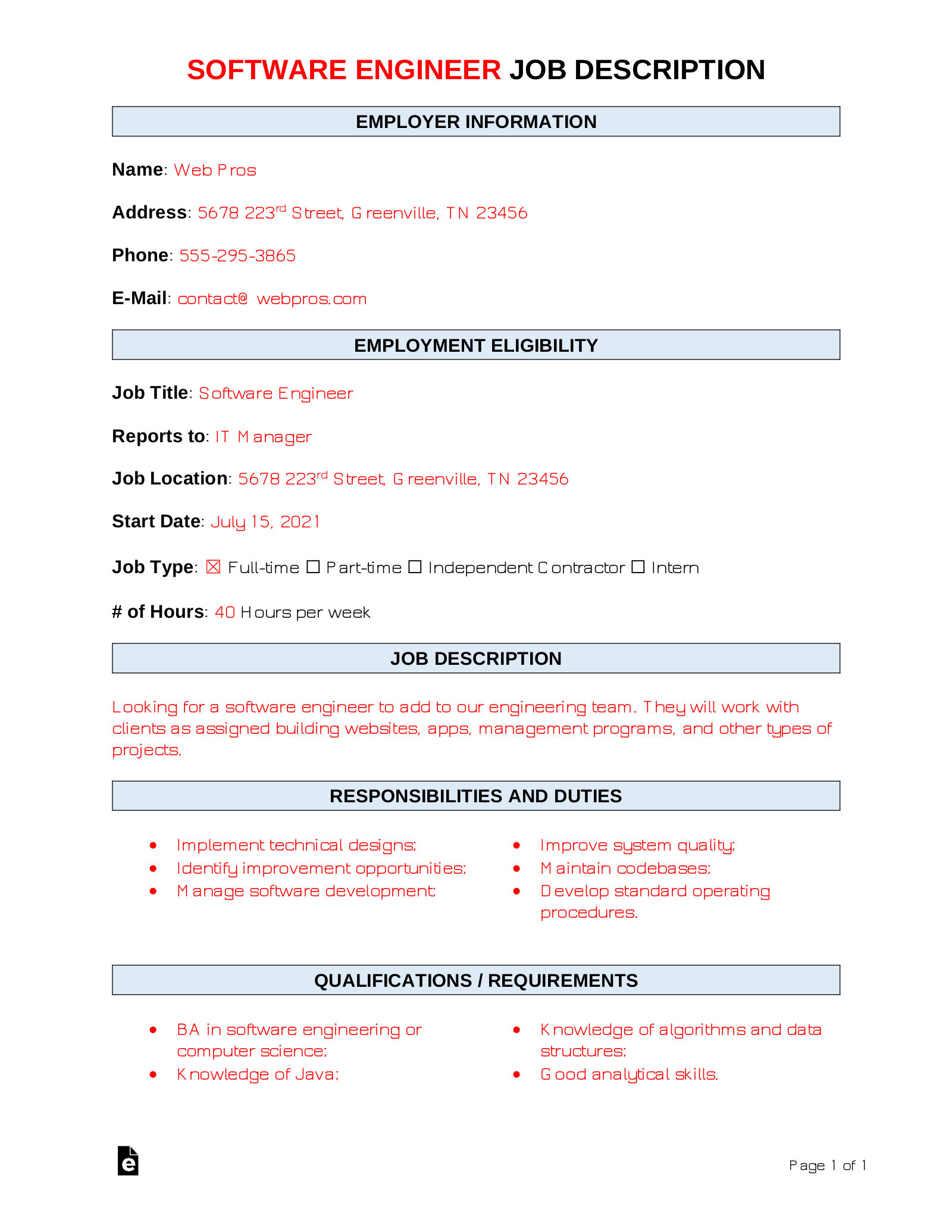 Software Engineer Job Description Template | Sample