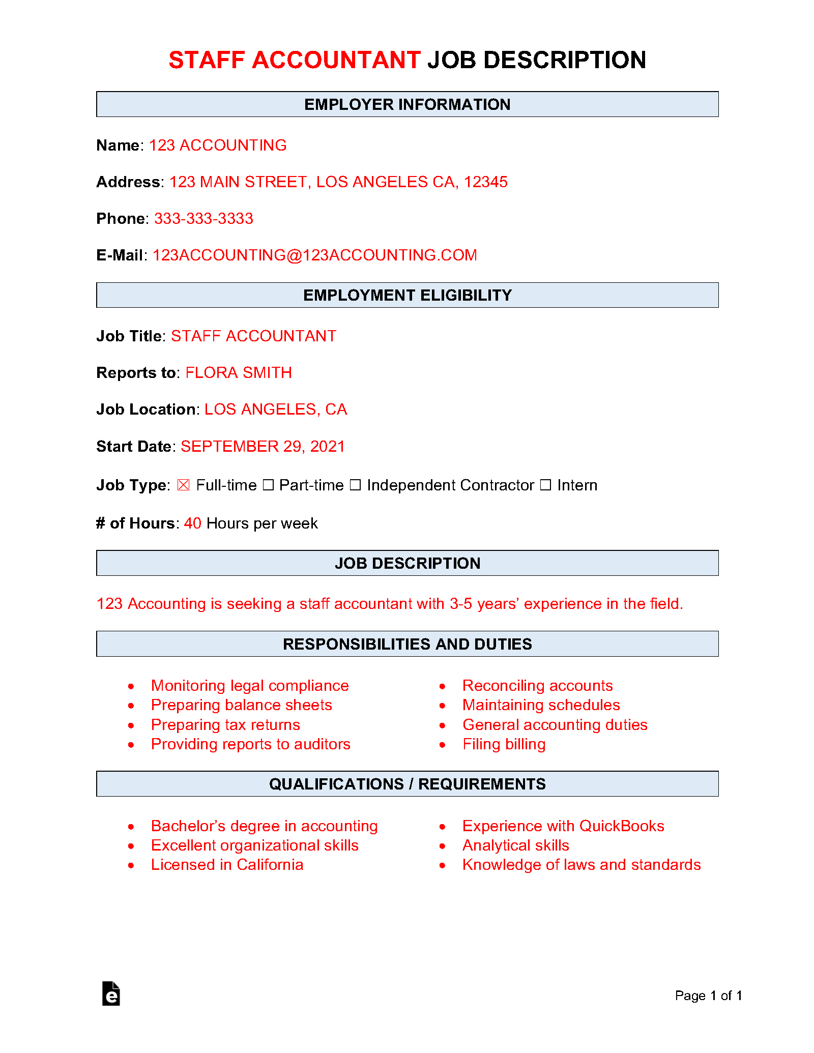 Free Accountant Job Description Template Sample PDF Word eForms