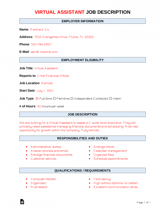Virtual Assistant Job Description Template | Sample