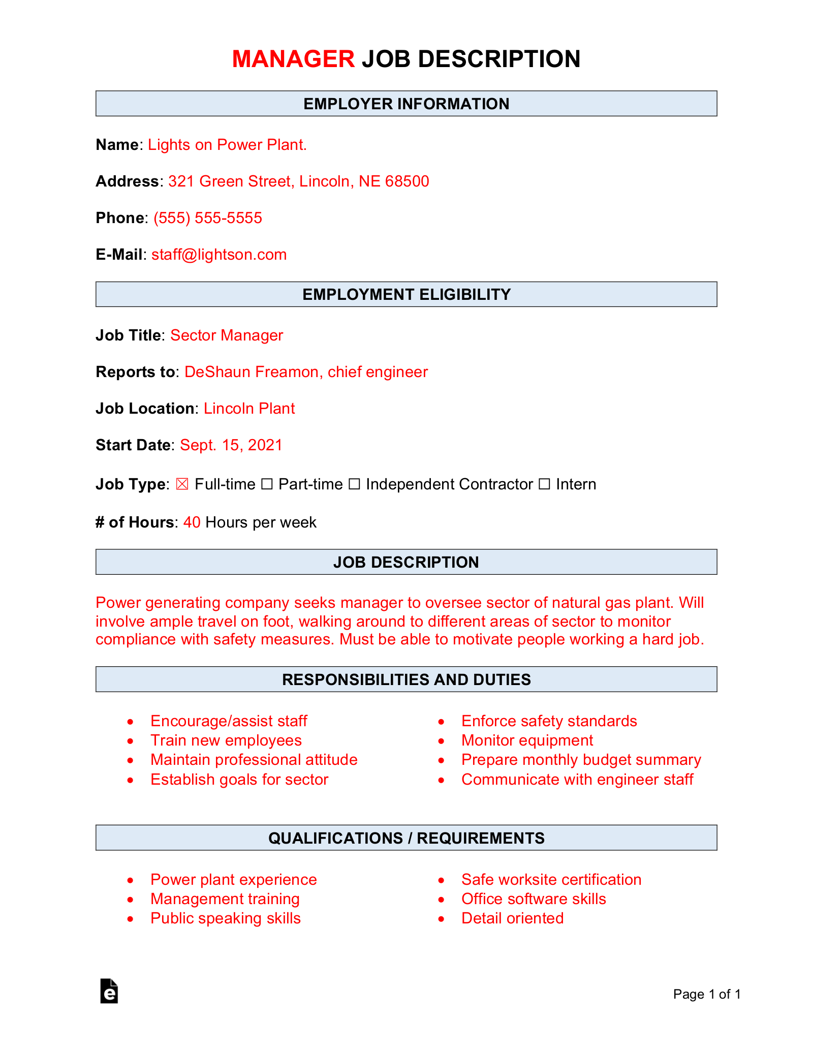 Manager Job Description Template | Sample