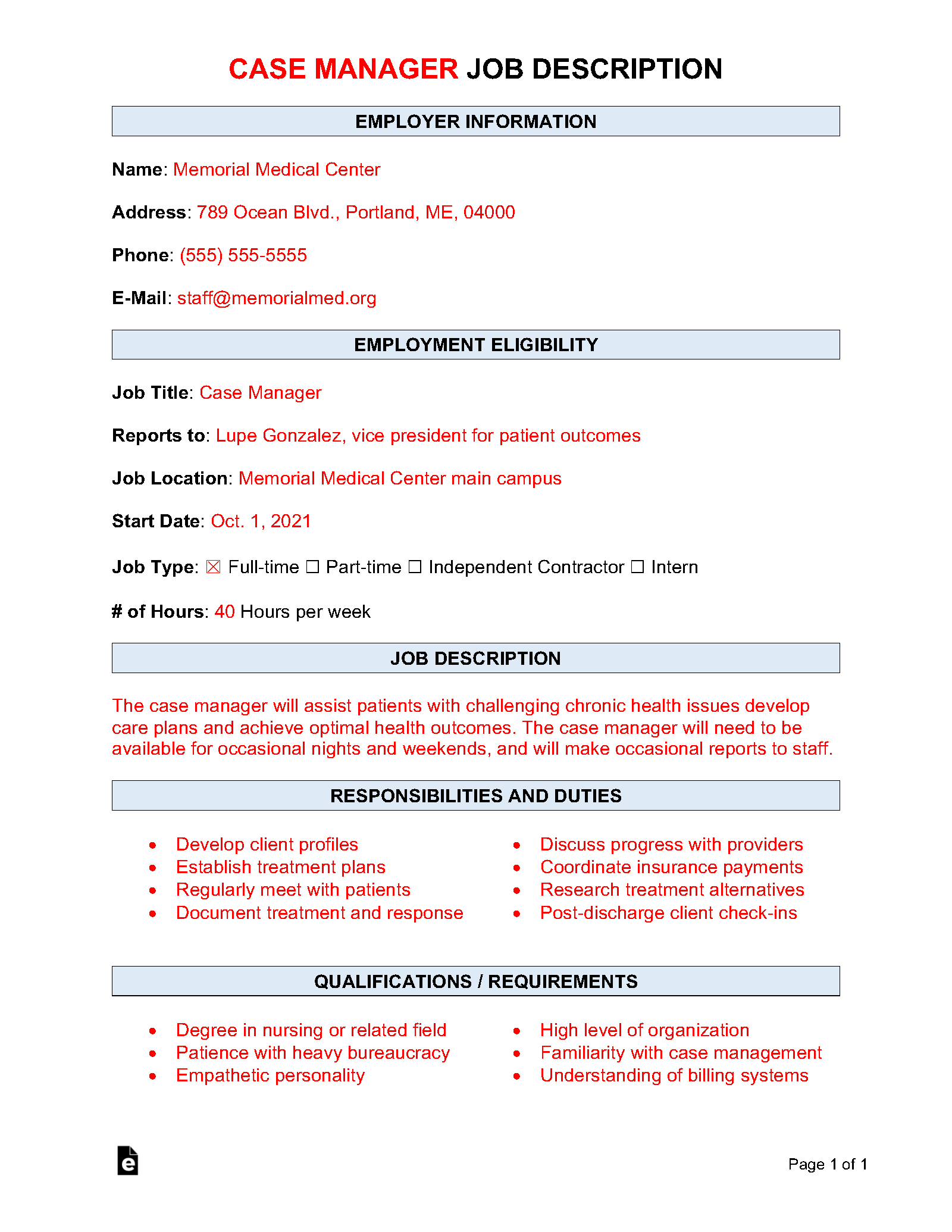 Case Manager Responsibilities Resume