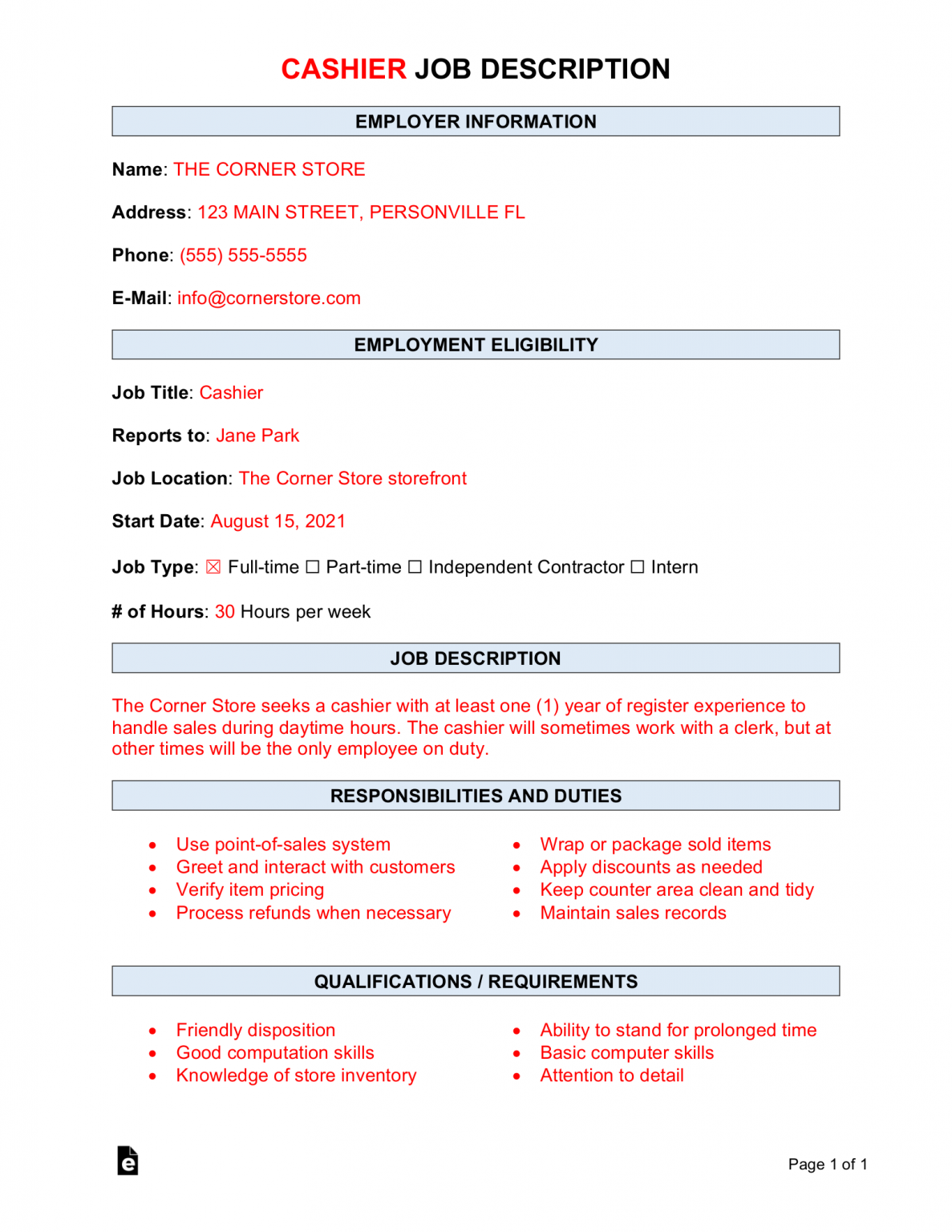 Head Cashier Job Description For Resume