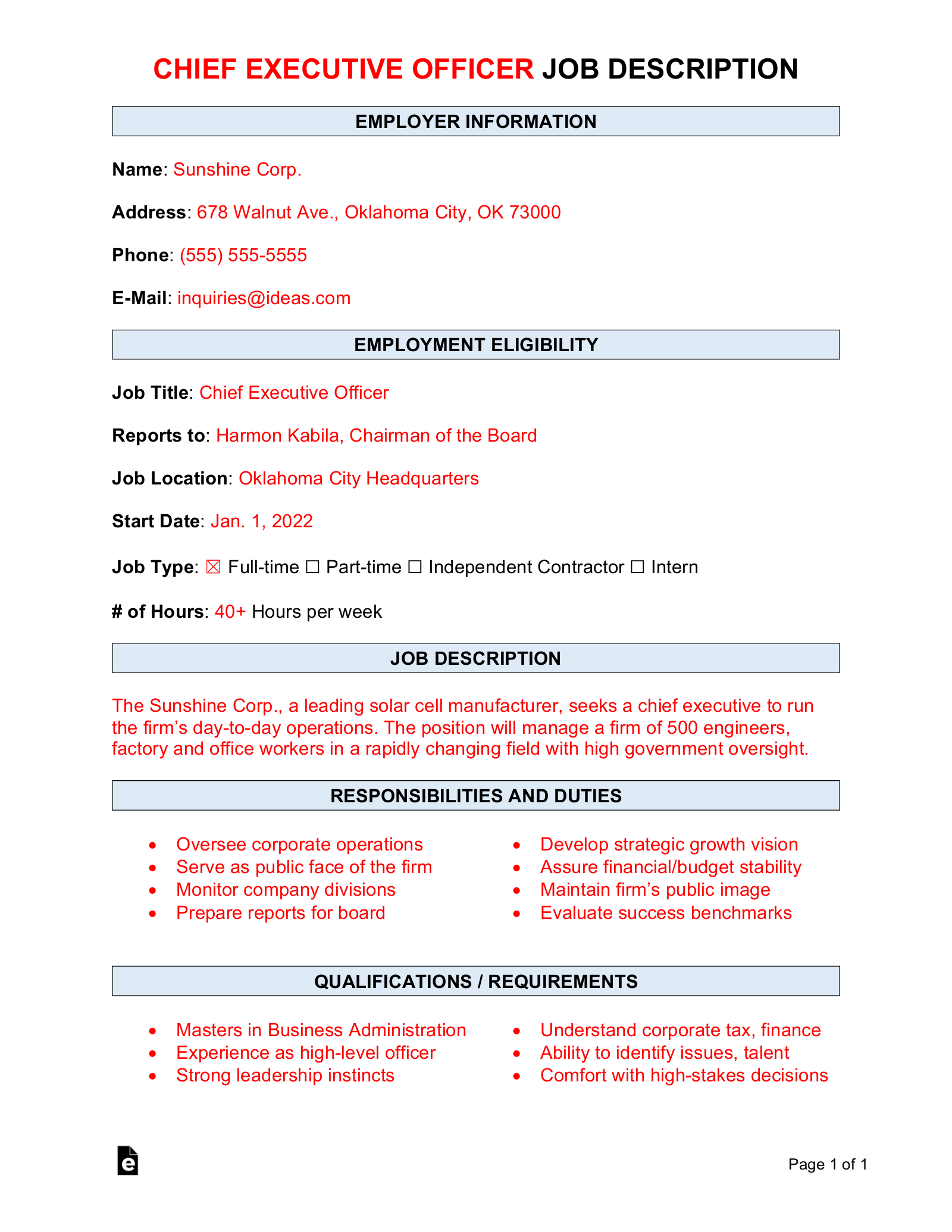 Free Chief Executive Officer (CEO) Job Description Template Sample