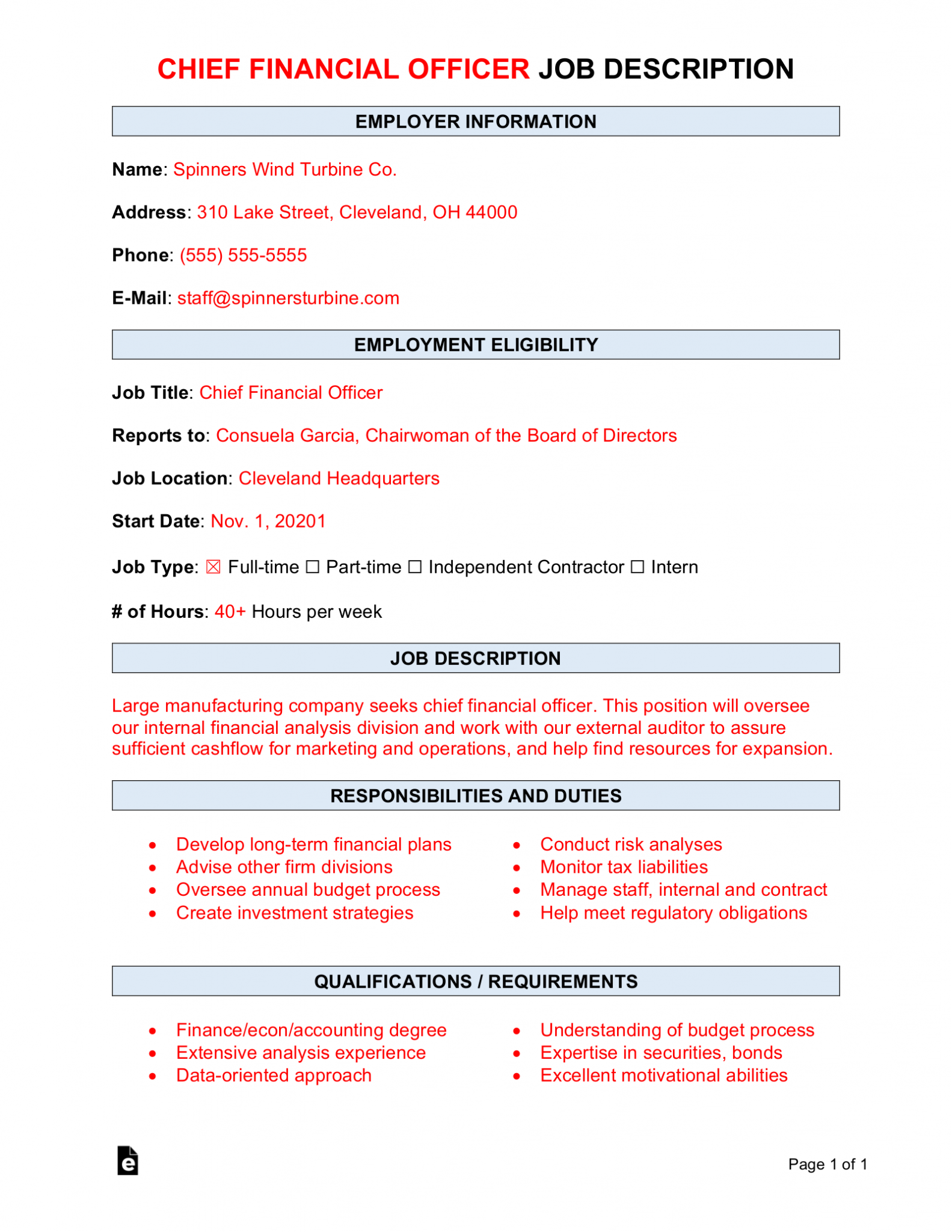 Free Chief Financial Officer (CFO) Job Description Template Sample