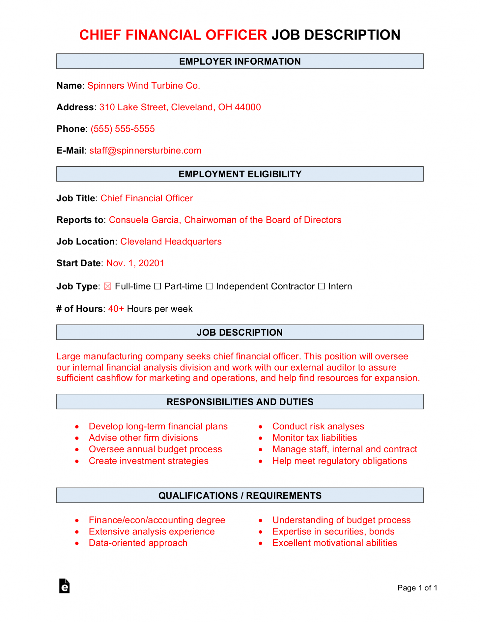 Free Chief Financial Officer CFO Job Description Template Sample 