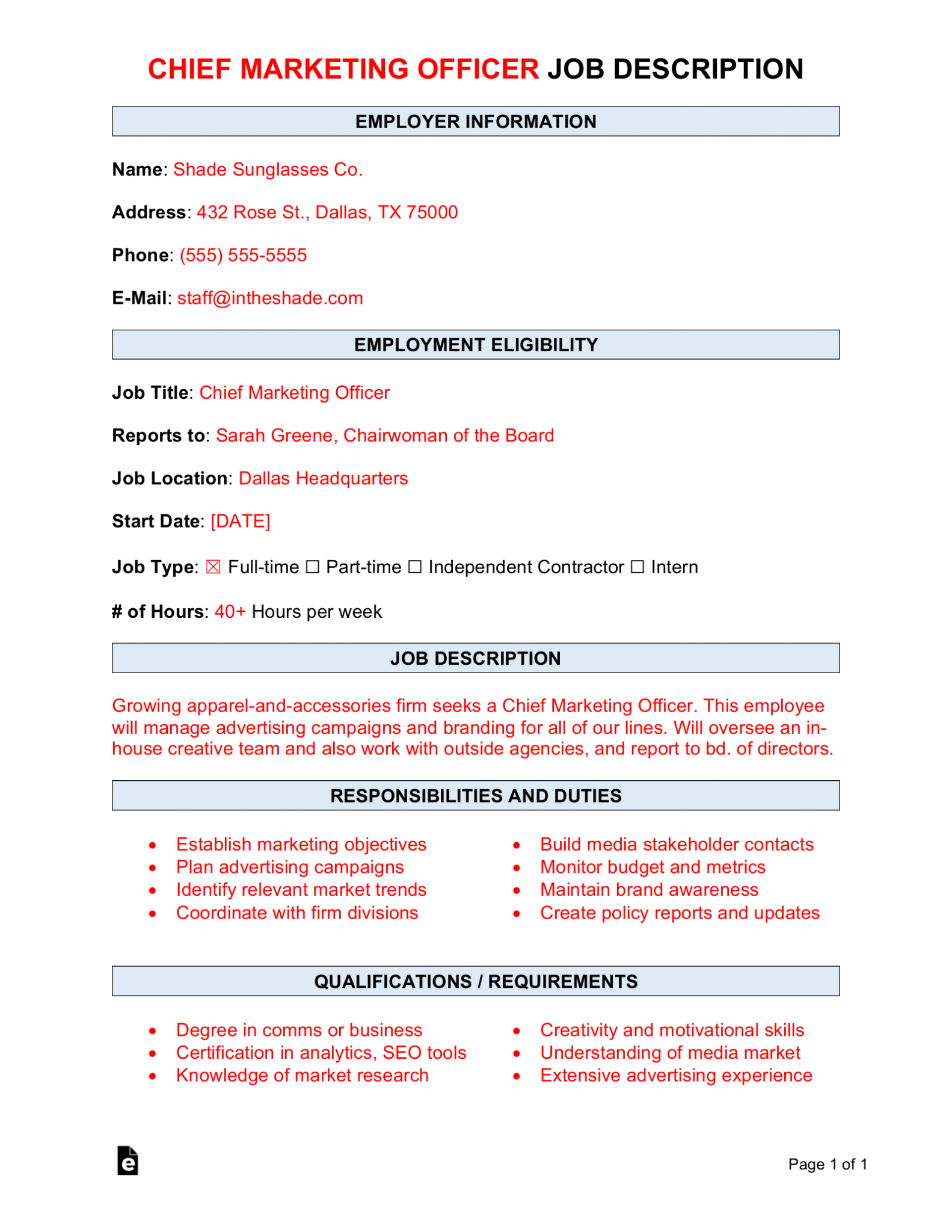 Free Chief Marketing Officer CMO Job Description Template Sample 