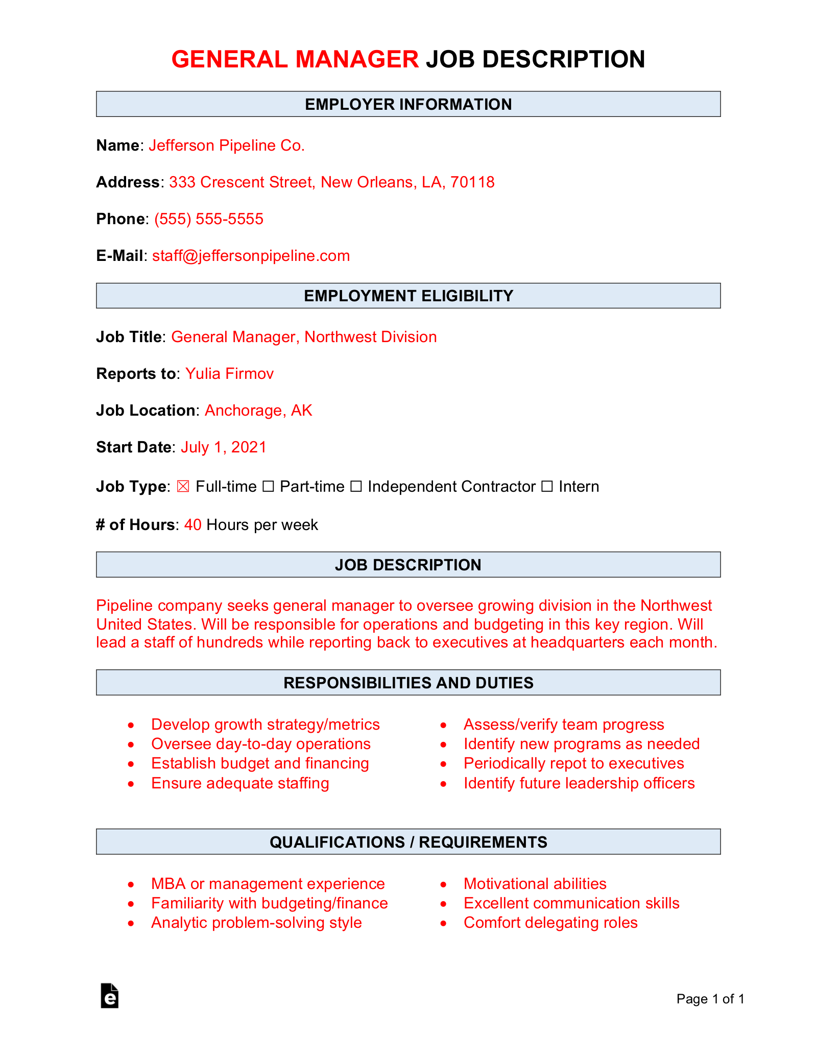 Free General Manager Job Description Template Sample PDF Word