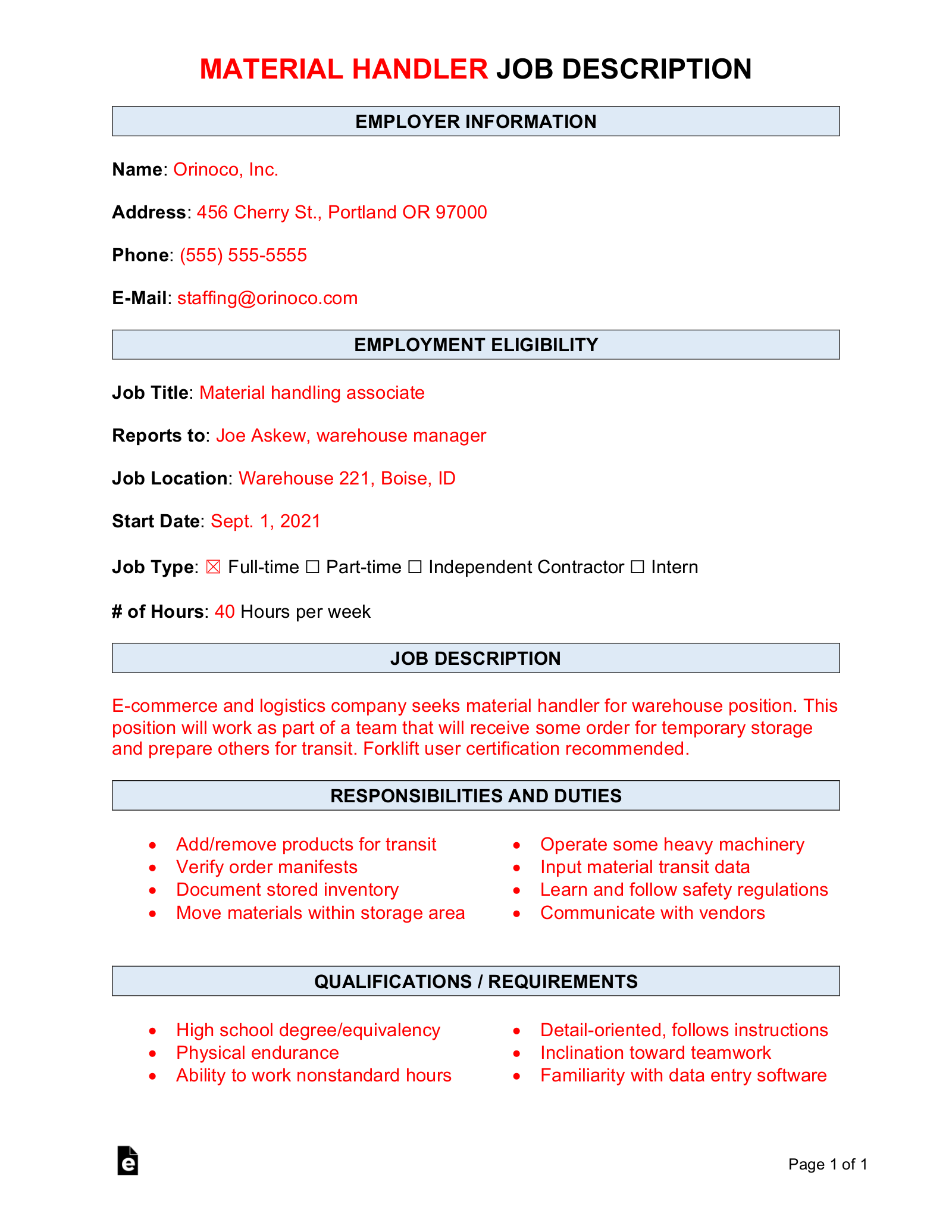 Material Handler Job Description Template | Sample