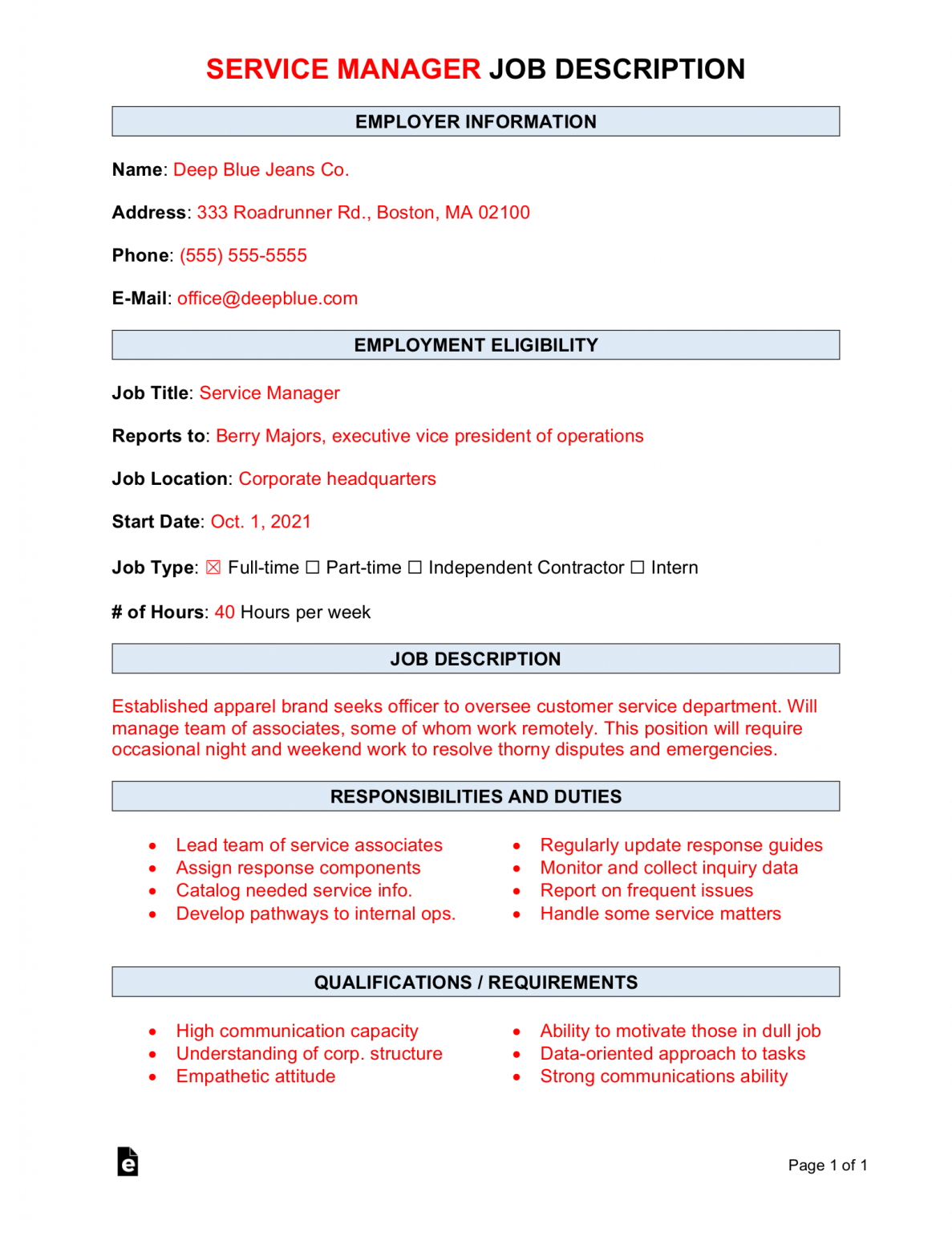 Free Service Manager Job Description Template Sample PDF Word 