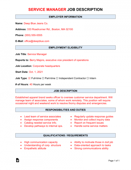 Service Manager Job Description Template | Sample