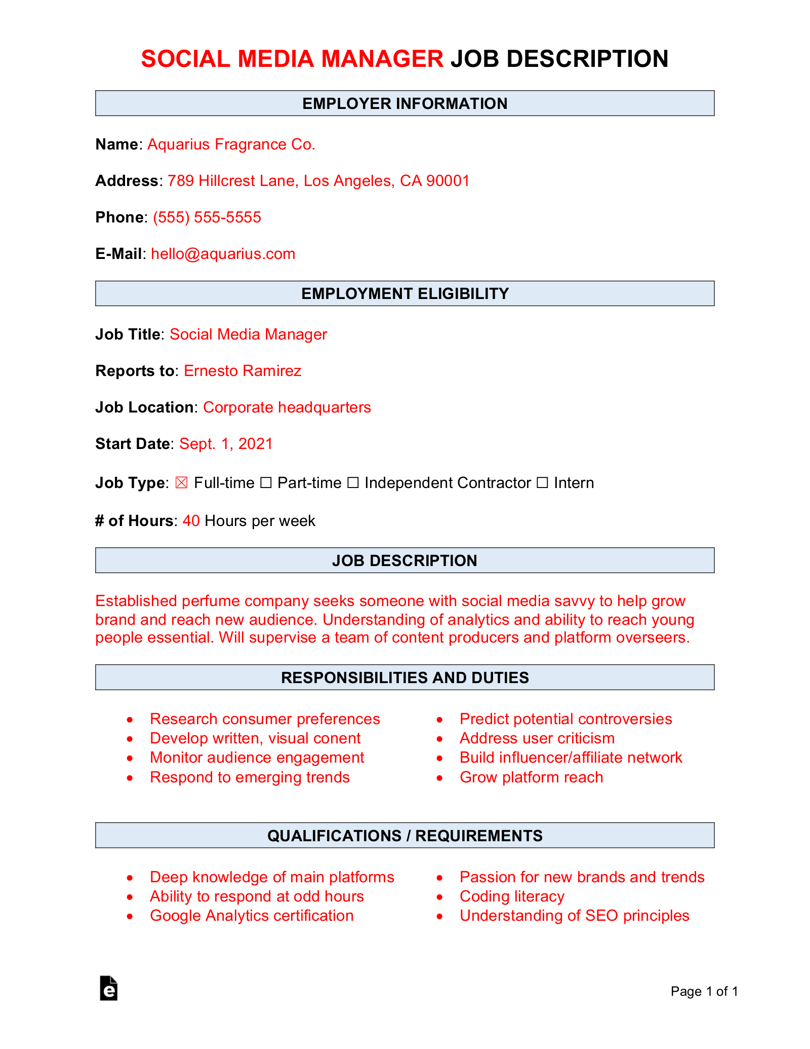 Social Media Manager Job Description Template