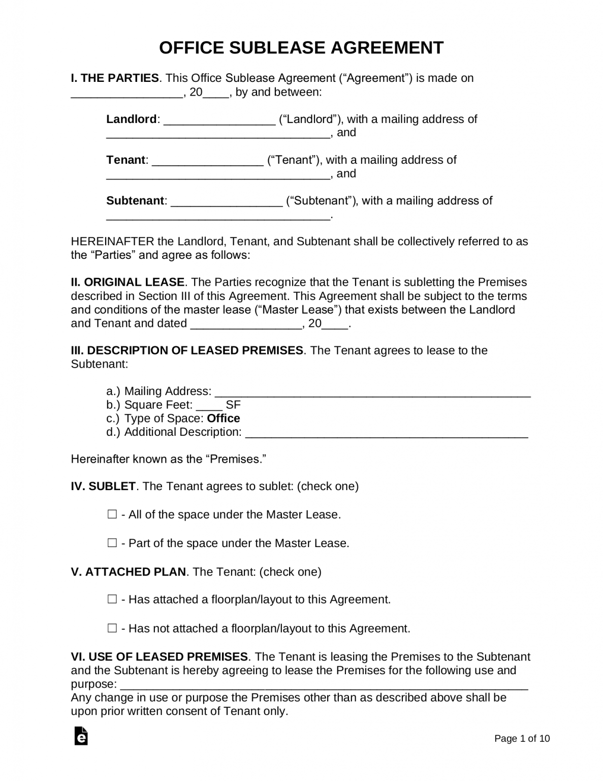 Free Office Sublease Agreement Template PDF Word eForms