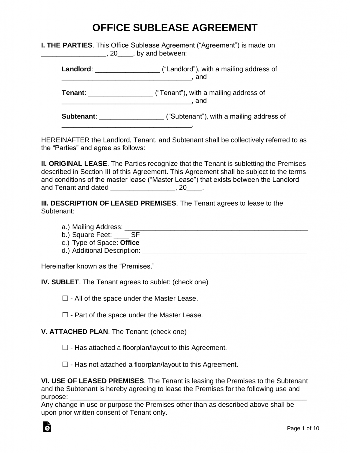 Free Office Sublease Agreement Template PDF Word EForms