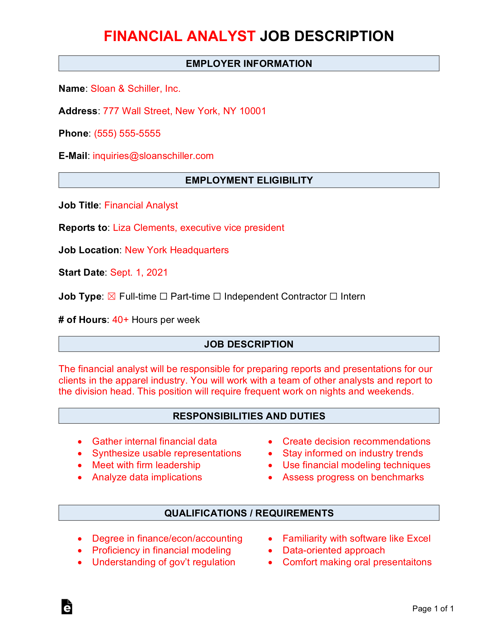 Free Financial Analyst Job Description Template Sample PDF Word eForms